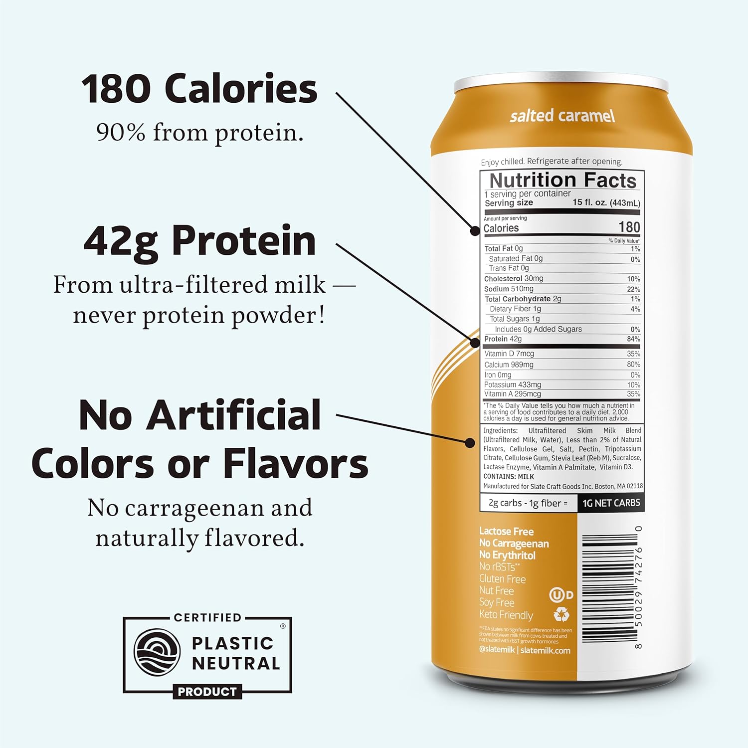Slate Milk - Ultra Protein Shake - Vanilla - 42g Protein, 1g Sugar, 180 Calories, 1g Net Carbs - Lactose Free, No Added Sugar - Made with Ultra Filtered Milk - Breakfast Boost, Post Workout - 15 fl oz, 12 Cans