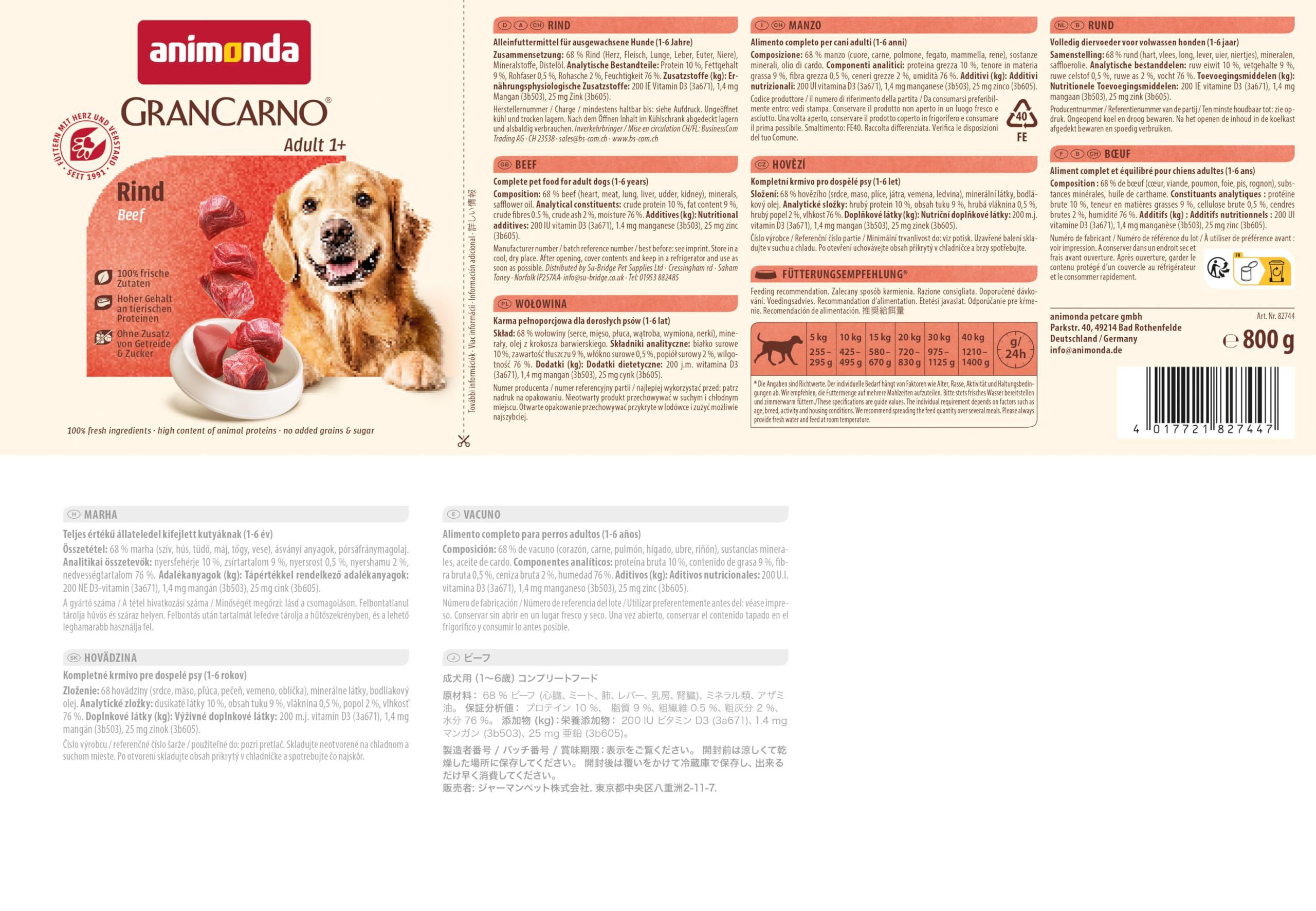 animonda GranCarno Hunde Nassfutter mit Rind + Entenherzen (6 x 800 g), getreidefreies Hundenassfutter ohne Zucker, für ausgewachsene Hunde, mit frischen fleischigen Zutaten