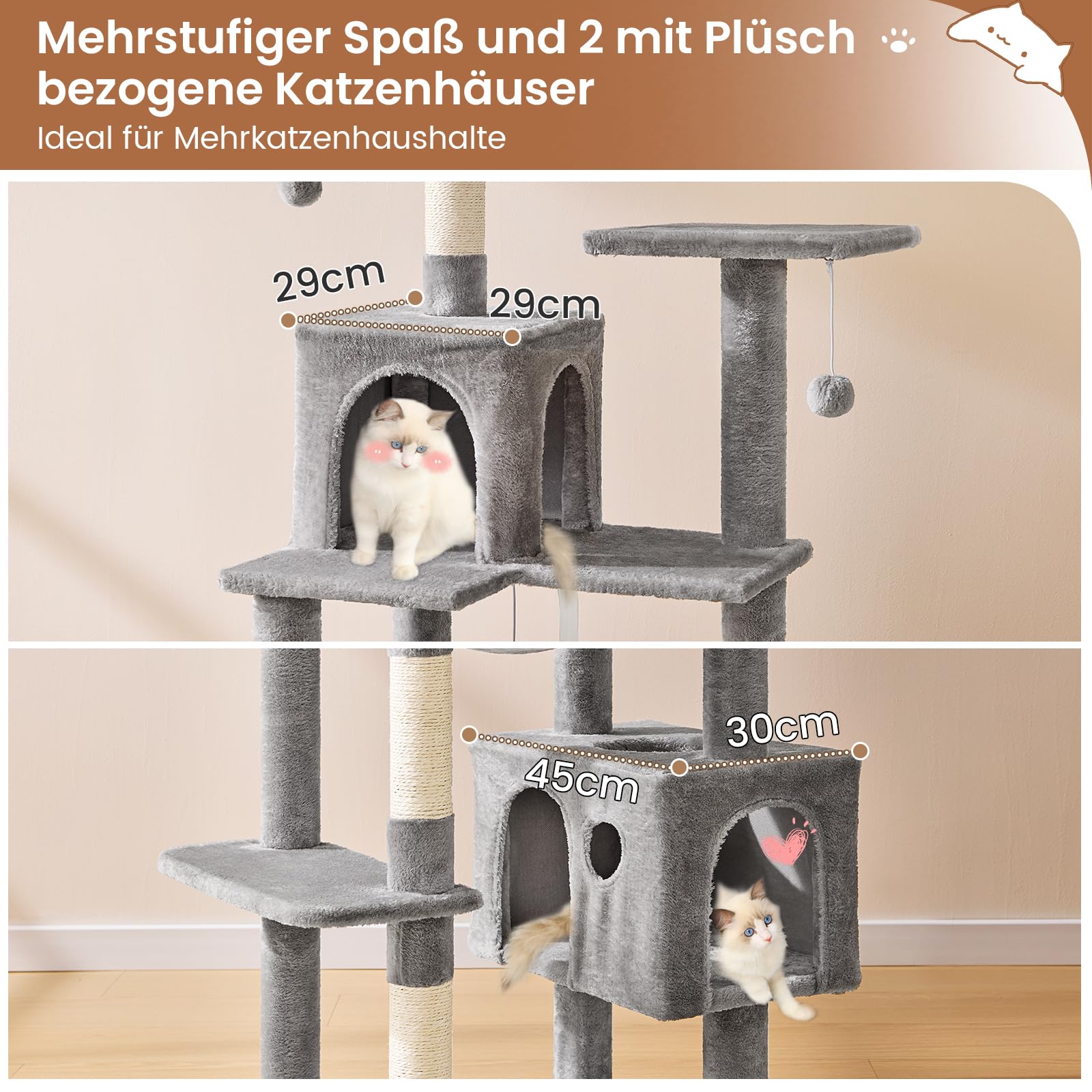 MSmask Kratzbaum groß, L Katzenbaum Stabil, Katzenkratzbaum mit 2 Plattformen, 2 Katzenhöhlen, Hängematte, Sisalsäulen, mehrstöckiger Kletterbaum für Katzen (Hellgrau, 160 cm)