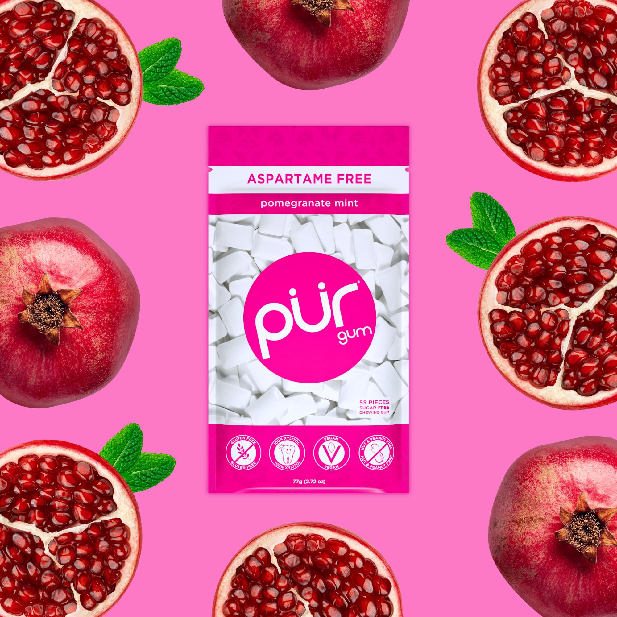 PUR Gum | Zuckerfreier Kaugummi | Mit Xylit | Vegan, Aspartamfrei & Glutenfrei | Natürlicher Kaugummi Mit Spearmint-Geschmack, 55 Stück (3er Pack)