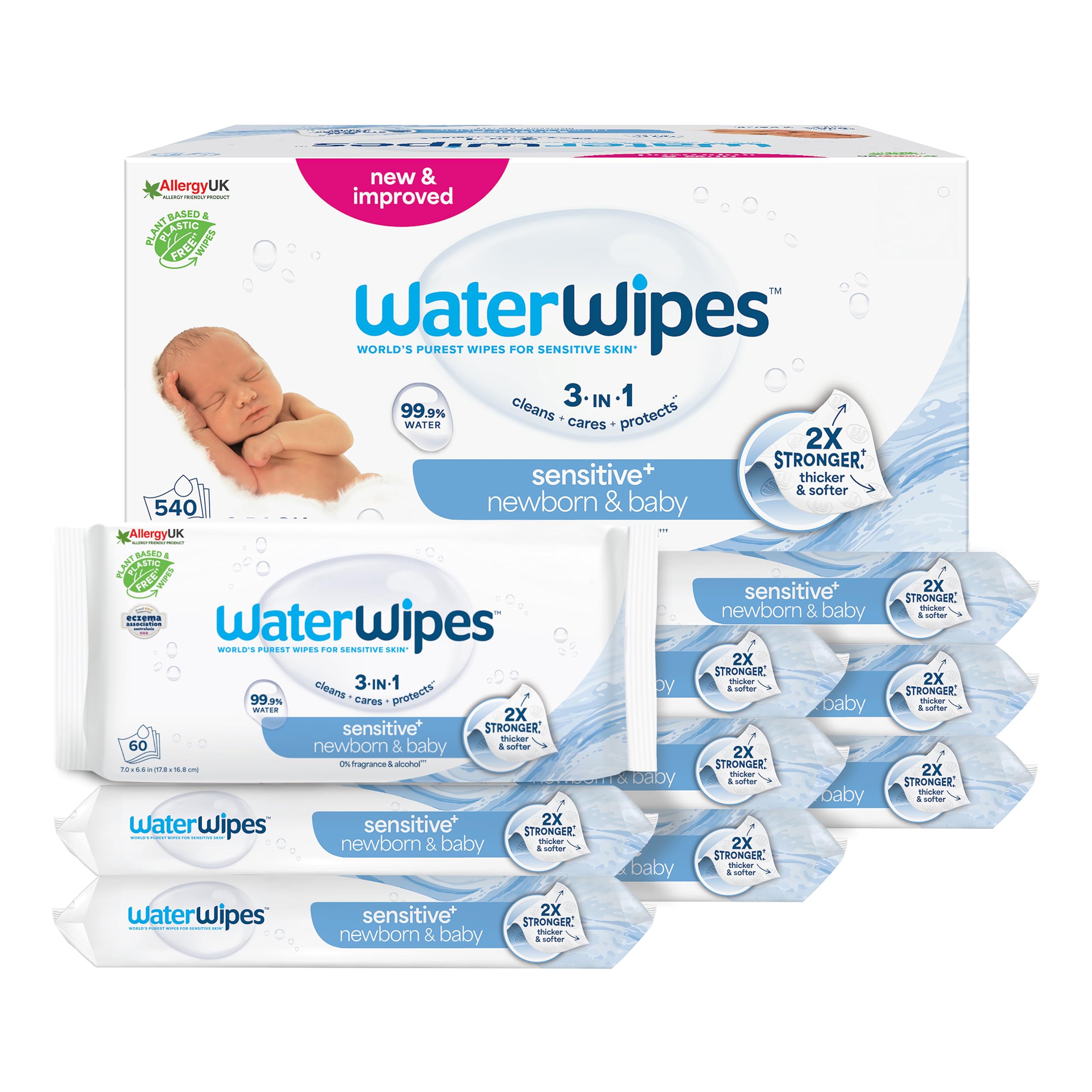WaterWipes Sensitive+ Newborn & Baby Wipes, Feuchttücher für Neugeborene und Babys, 720 Stück (12 Packungen), 3-in-1-Reinigung, Pflege, Schutz, 99,9% Wasser, parfümfrei