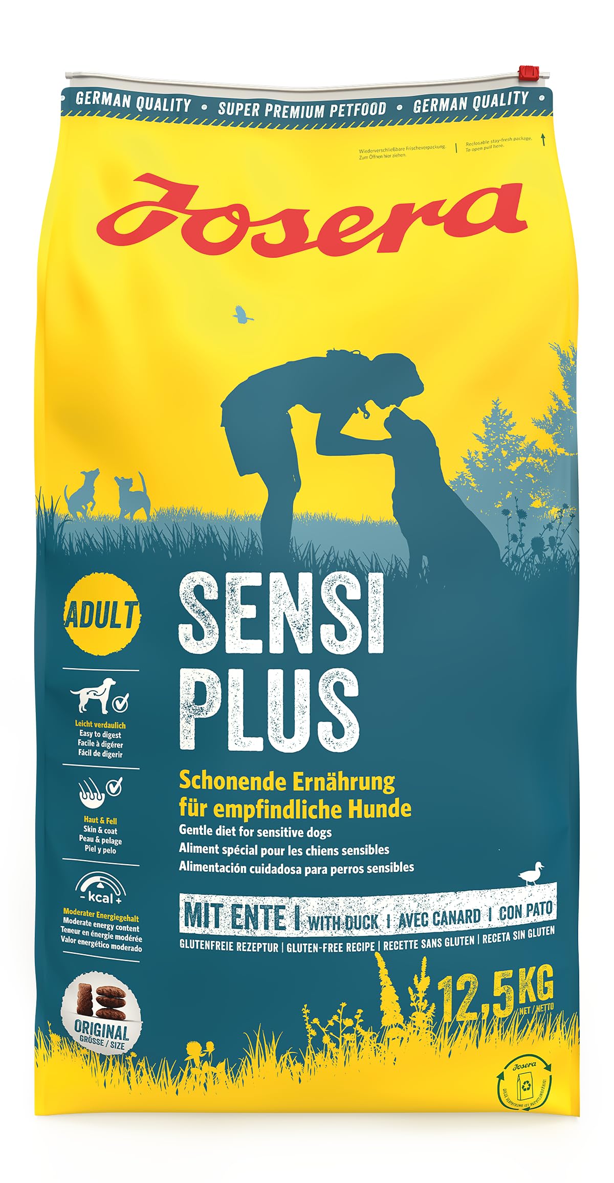 JOSERA Adult SensiPlus Ente & Reis (1 x 12,5 kg) | Premium Trockenfutter für ausgewachsene empfindliche Hunde | mit viel Biotin für gesunde Haut & Fell | hoch verdaulich | glutenfrei | 1er Pack