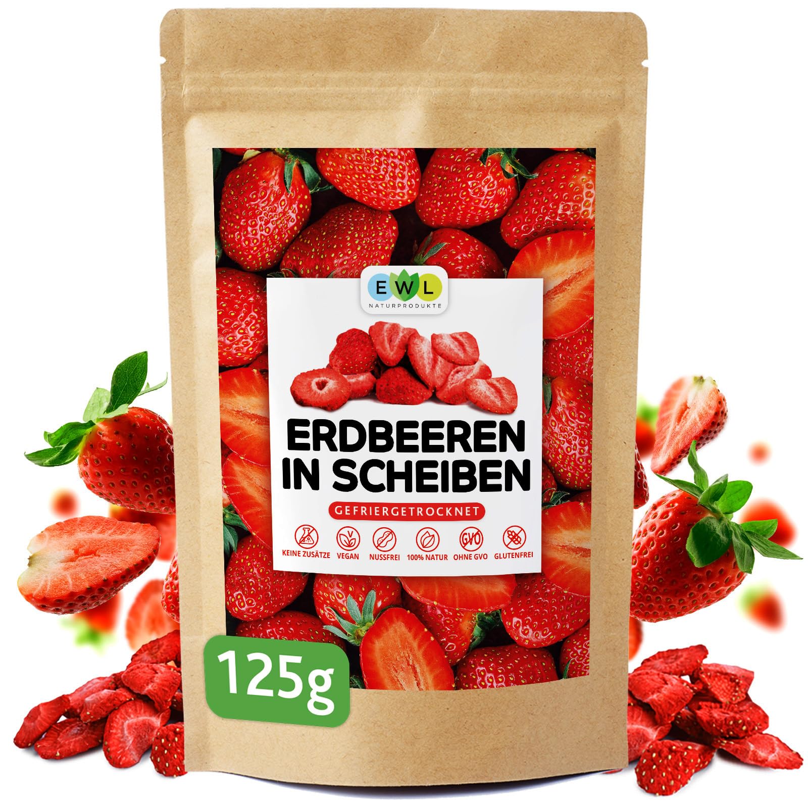 EWL Naturprodukte Erdbeeren gefriergetrocknet 400g, im bruchsicheren Eimer, gefriergetrocknete Erdbeeren in Deutschland abgefüllt, vegan und natürlich lecker