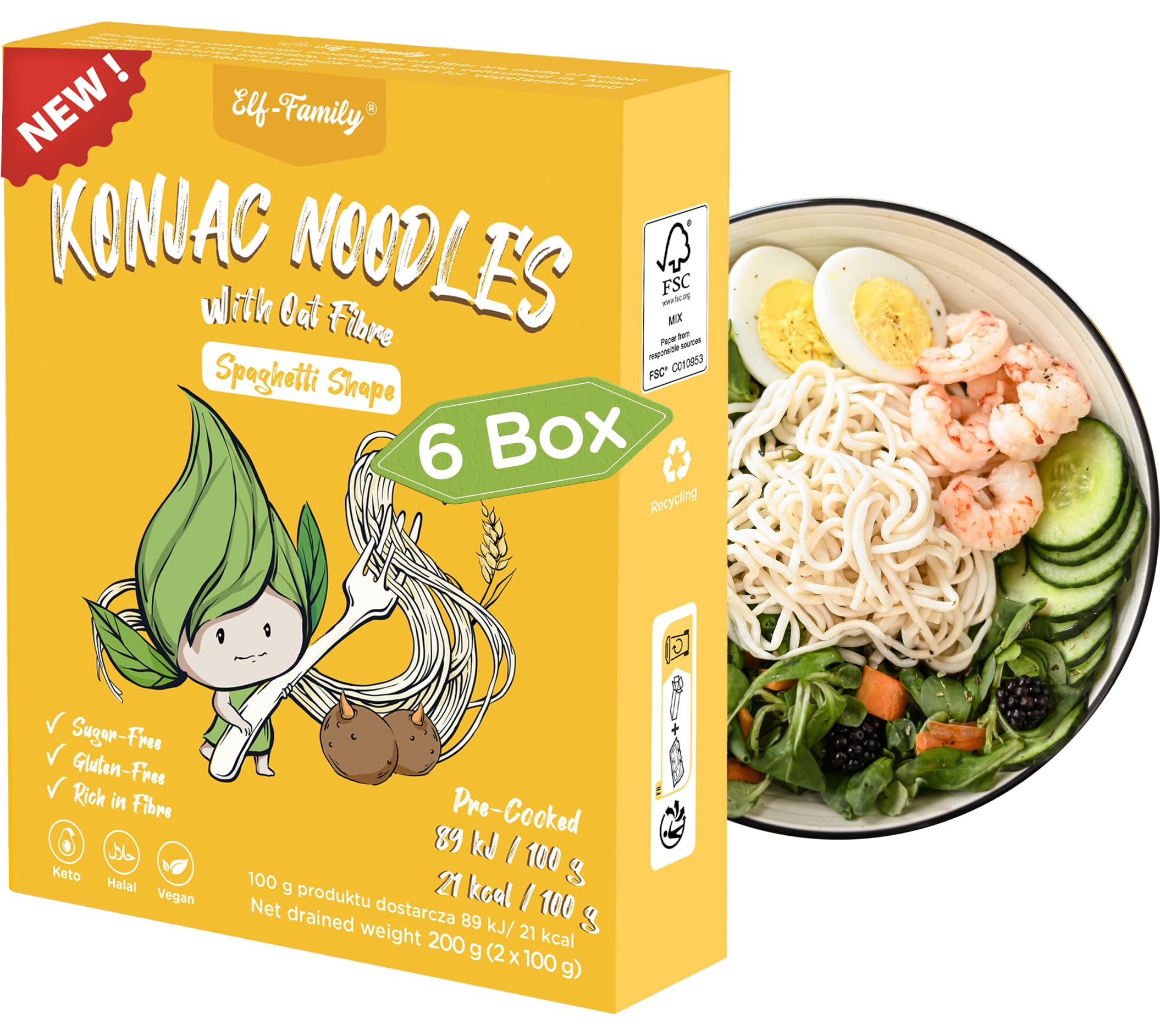 Premium Konjak Nudeln aus Thailand Vegan Glutenfrei-240gx 6er Box(12 pack), Elf-Family Shirataki Nudeln Instant Nudeln Pasta/Keto/Low Carb/Kalorienarme/Zuckerfrei -Spaghetti & Fettuccine