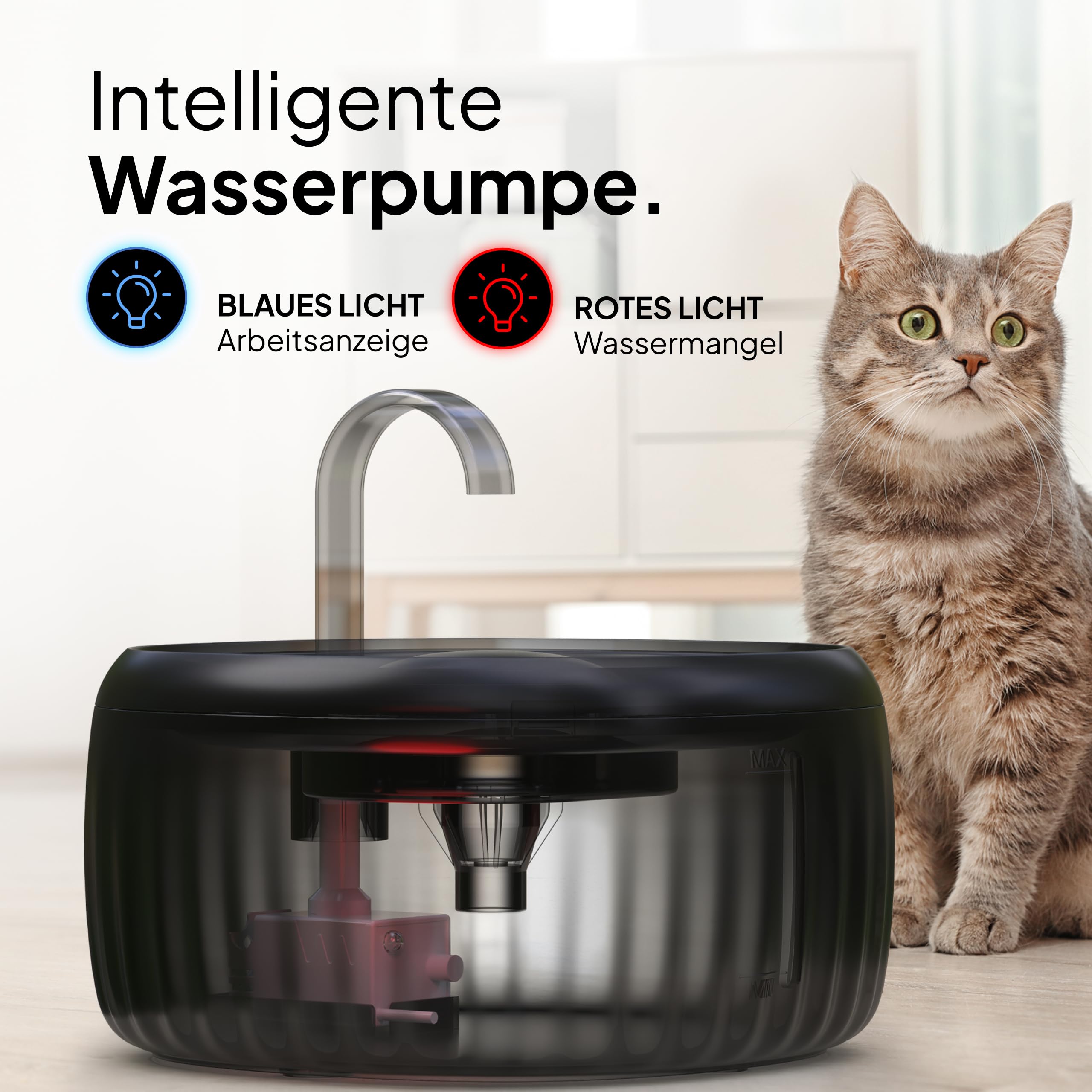 PrettyPaw Katzenbrunnen - Super leiser, BPA-freier 3L Trinkbrunnen für Katze mit LED und Aktivkohlefilter - Leicht zu reinigender Katzen Trinkbrunnen - Aqua Flow (Schwarz)