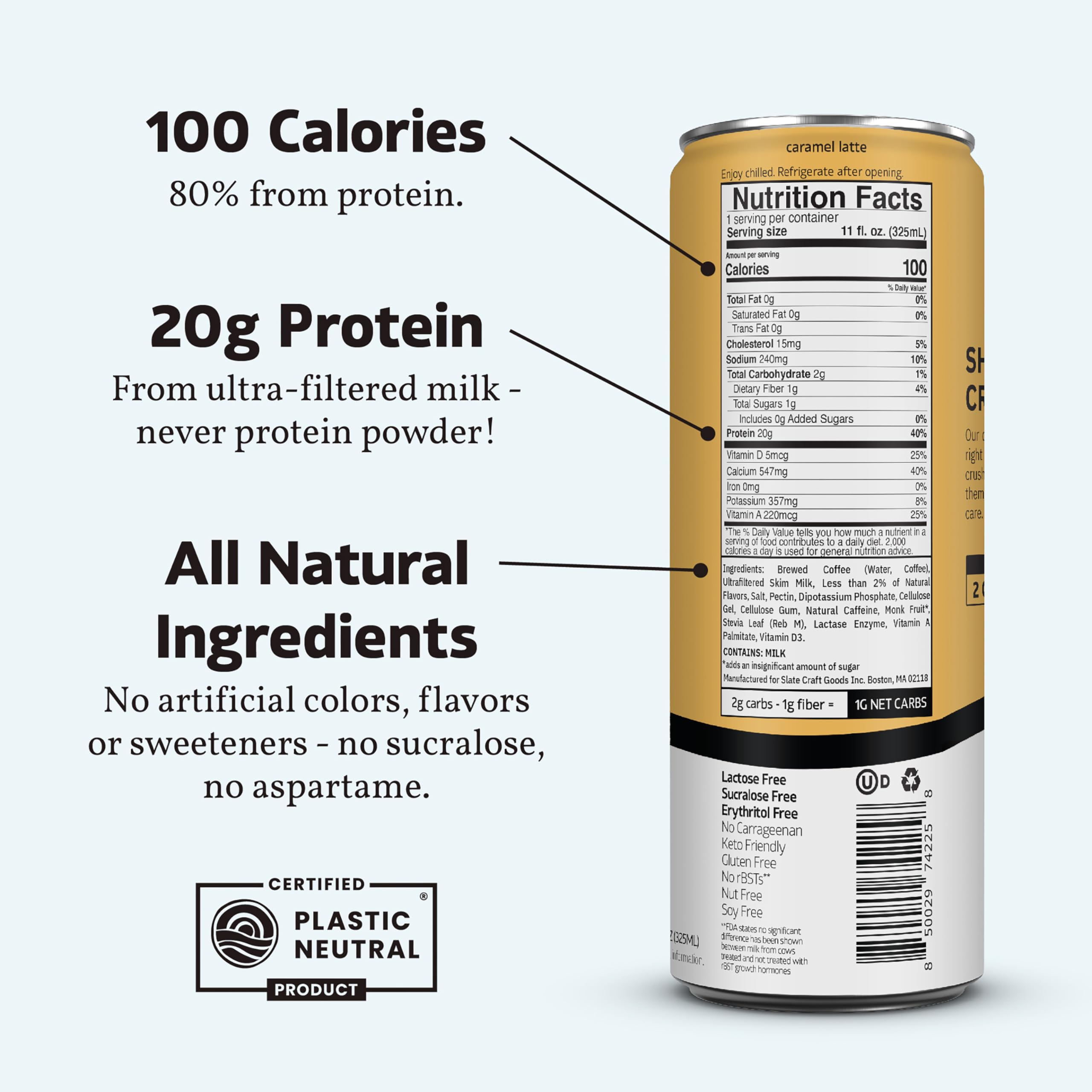 Slate Milk - High Protein Milkshake - French Vanilla - Lactose-Free, 20g Protein, 1g Sugar, 100 Calories, 1g Net Carbs, No Added Sugar - Natural, Breakfast Boost, Post Workout - 11 fl oz, 12 Cans