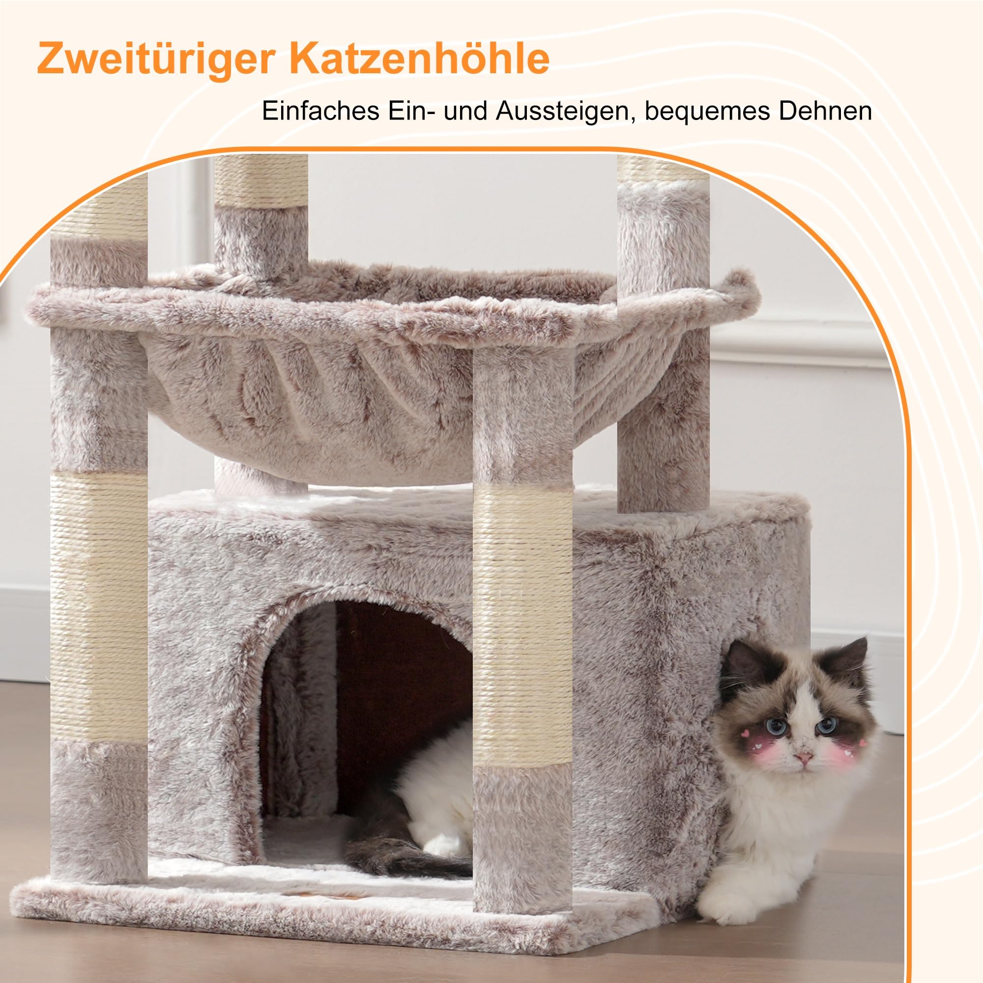 Heybly Kratzbaum, Katzenbaum mit Extra Großem, Weichem Katzenkorb, Katzenkratzbaum mit Geräumigem Katzenbett und Verstecktem Schlafplatz, Robusten Sisal-Kratzsäulen, Hellgrau HCT008SW