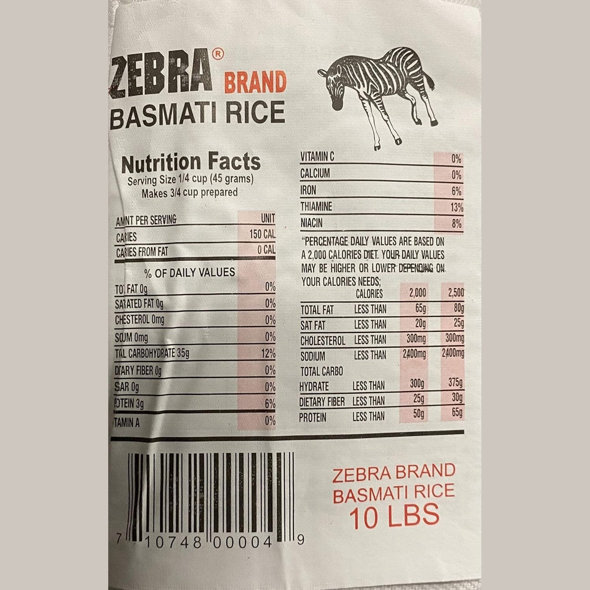 Naturally Aromatic Zebra Basmati Rice Extra Long Kernel 10 Lb Bag - NET WT 10 lbs