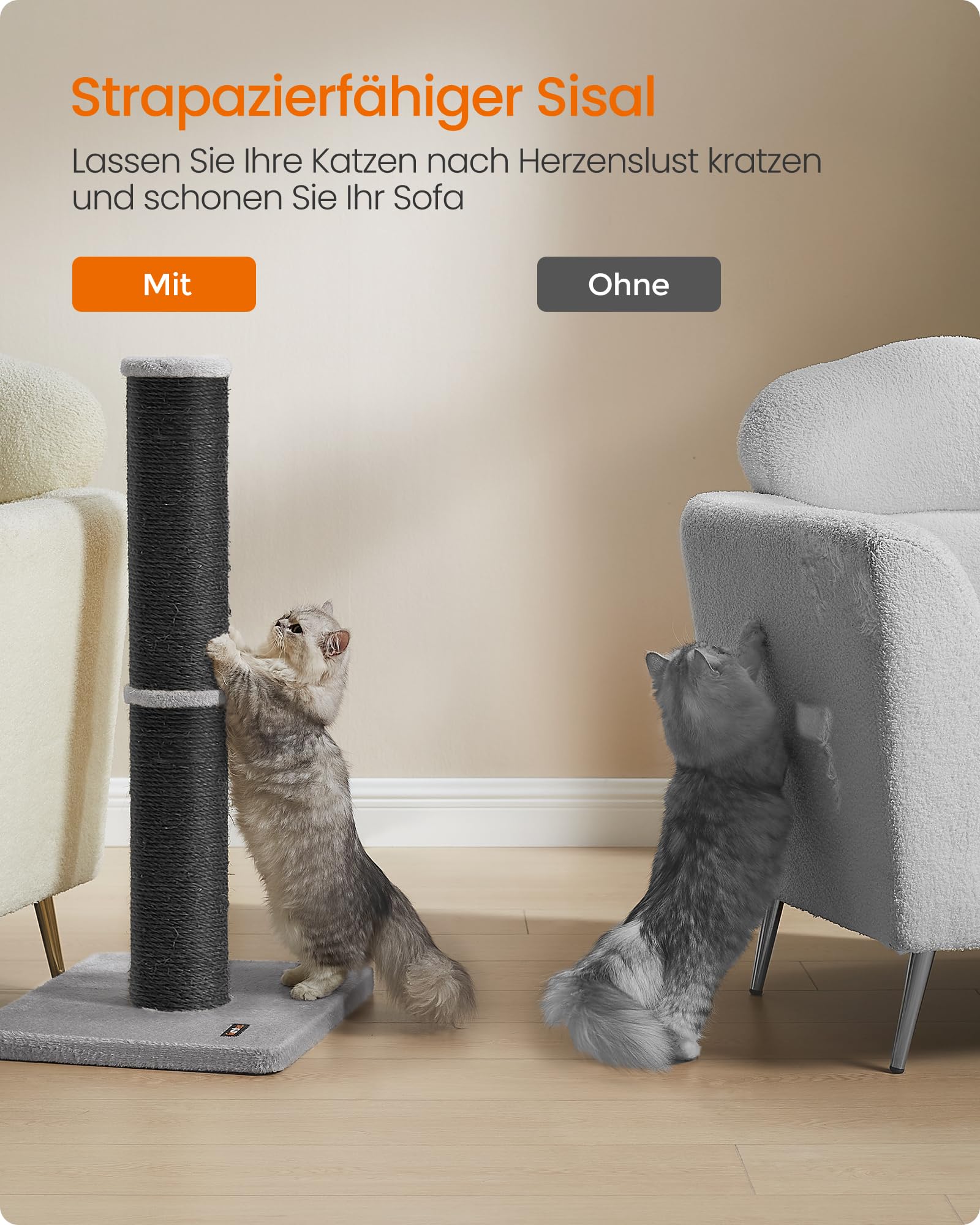 Feandrea Kratzbaum, 85 cm hoch, Kratzsäule XL, 13 cm Dicker Stamm, Katzenbaum, Kratzstamm für mittelgroße und große Katzen, Sisalstamm, mit Plüschball und Glocke, Taubengrau PCA041G01