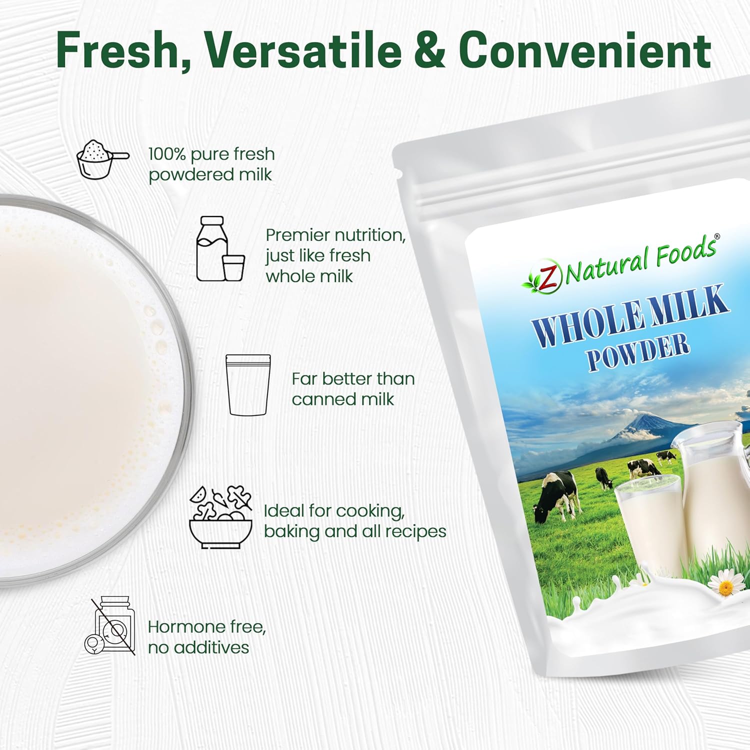 Z Natural Foods Premium Whole Milk Powder - Powdered Milk for Baking, Cooking, Drinks - Dry Milk Powder, Pasteurized, Non-GMO, Gluten-Free, Kosher-Certified, 5 lbs