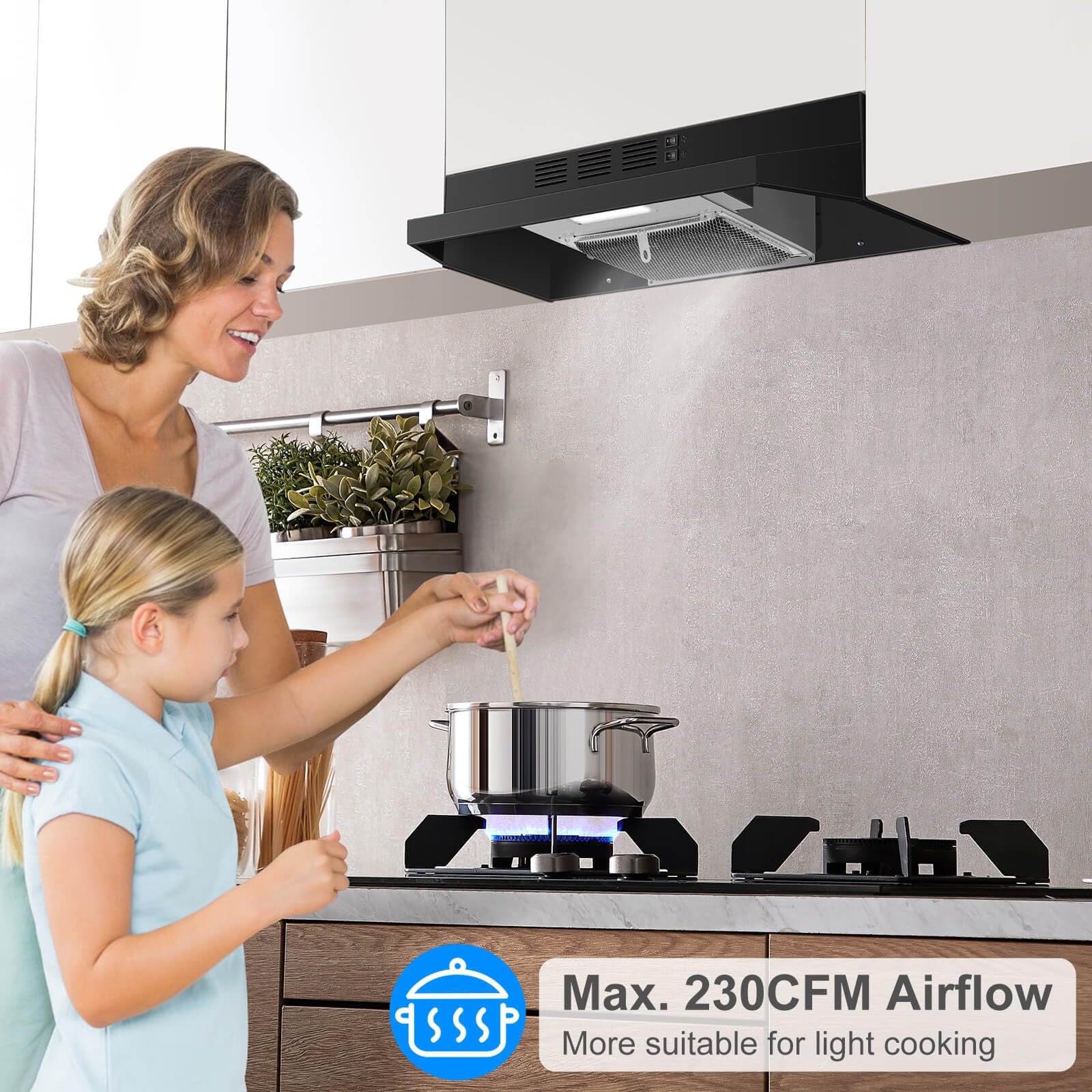 SNDOAS Range Hood 30 inch Under Cabinet, Ducted/Ductless Convertible Kitchen Hood, Stainless Steel Vent Hood with LED Light,Under Cabinet Hood with 2 Speed Exhaust Fan,Black