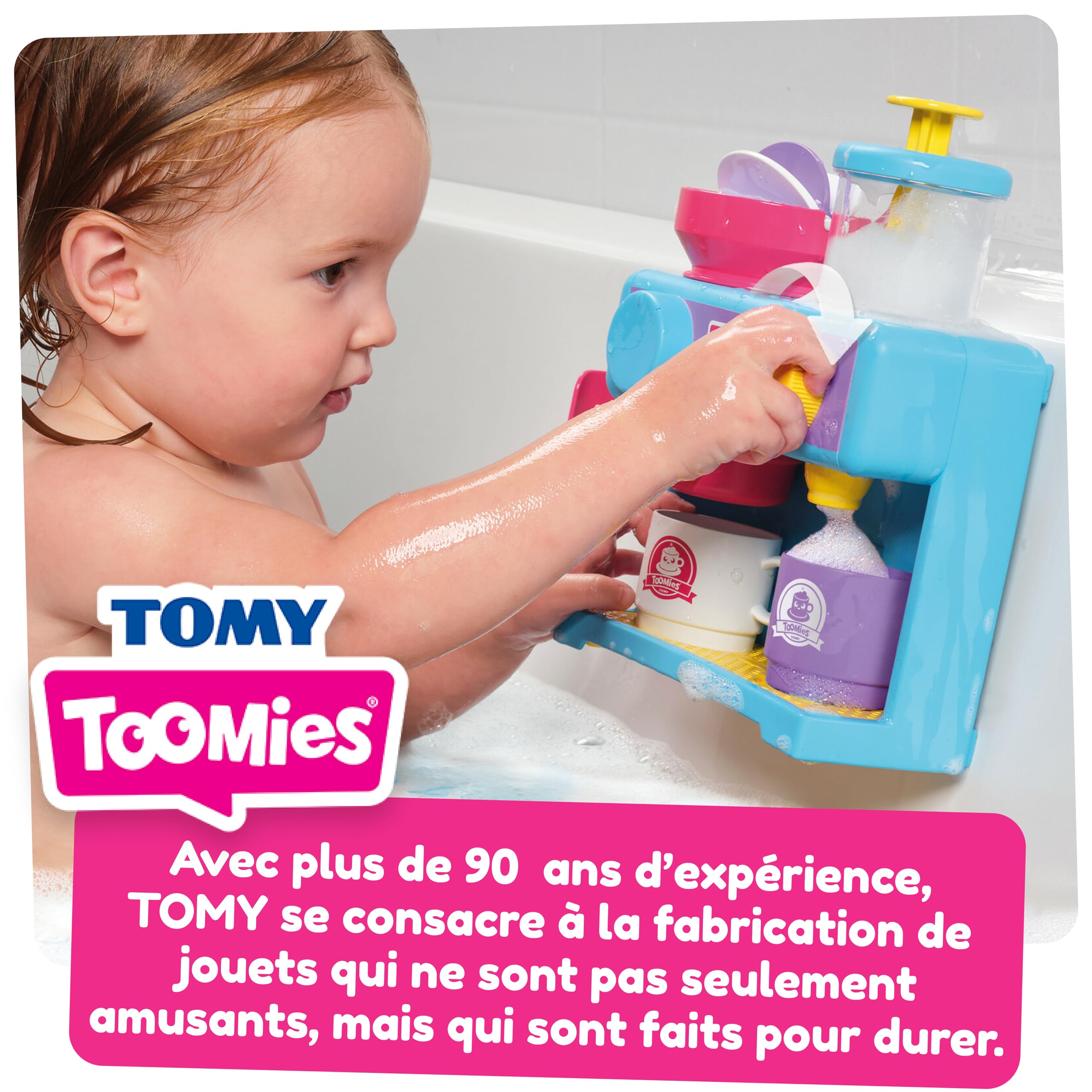 Tomy Toomies Bade-Barista, Wandmontiertes Baby-Badespielzeug als Café & Schaumbad-Spielküche für Kleinkinder - Küchen-Set: 3 Tassen, 1 Krug, 1 Shaker – ab 18 Monaten für Mädchen & Jungen