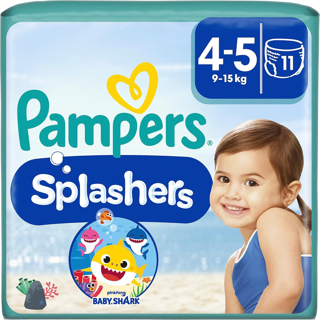 Pampers Splashers Baby Shark Limited Edition 4-5, 11, 9kg-15kg, Einweg-Schwimmwindeln, für sicheren Schutz im Wasser