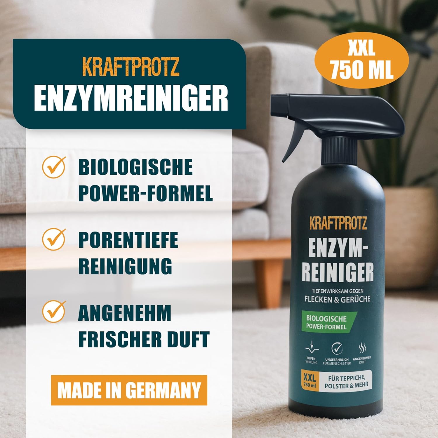 Enzymreiniger – Geruchsentferner & Fleckenentferner Spray 750 ml – porentief & biologisch – für Sofa, Teppich, Matratze, Auto & Haushalt – gegen Schmutz, Schweiß, Gerüche & Tierspuren – KRAFTPROTZ