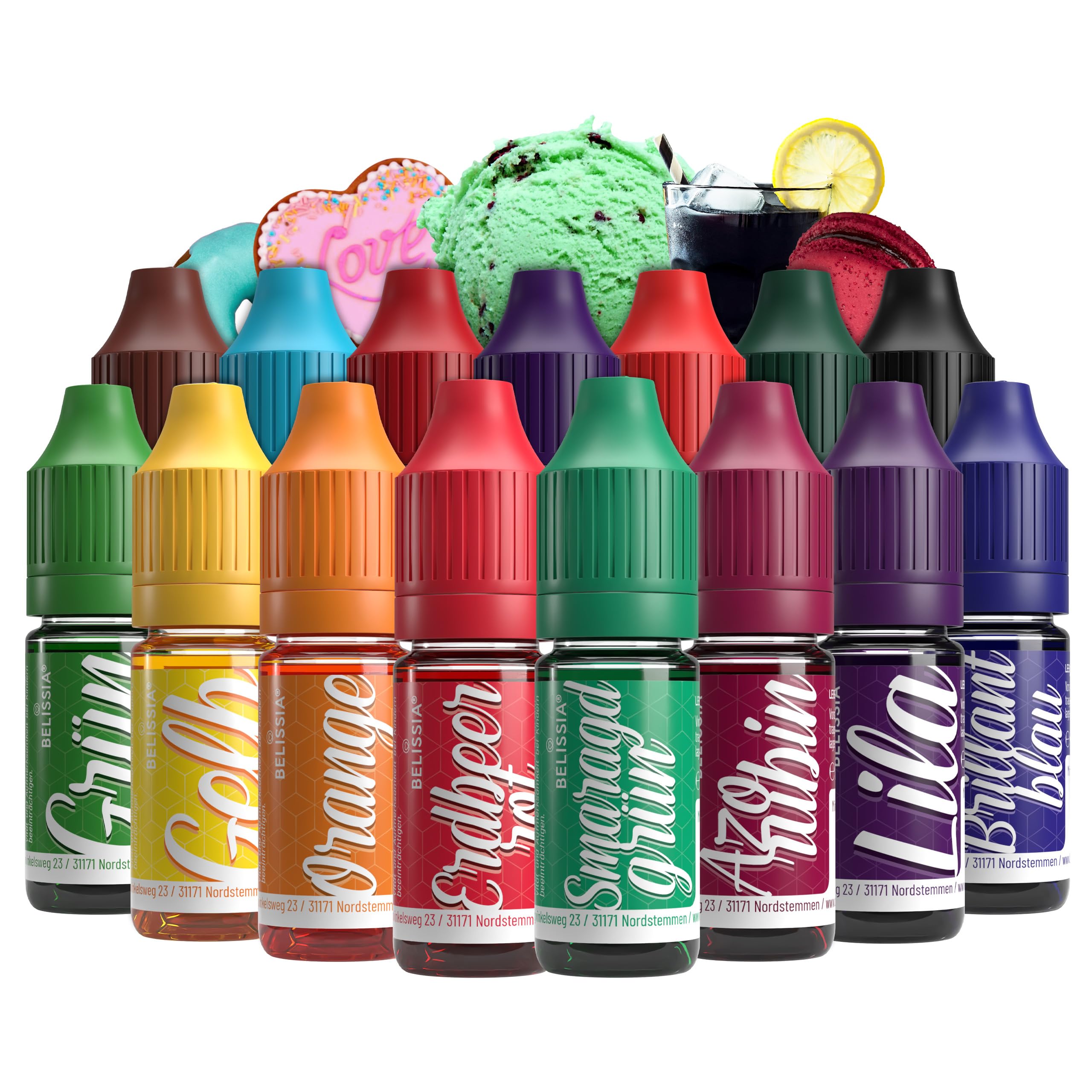Belissia Lebensmittelfarbe Set – 8x10ml flüssig & hochkonzentriert – Lebensmittelechte Speisefarbe zum Backen, Kochen, Fondant & DIY - vegan, stark färbend, geschmacksneutral