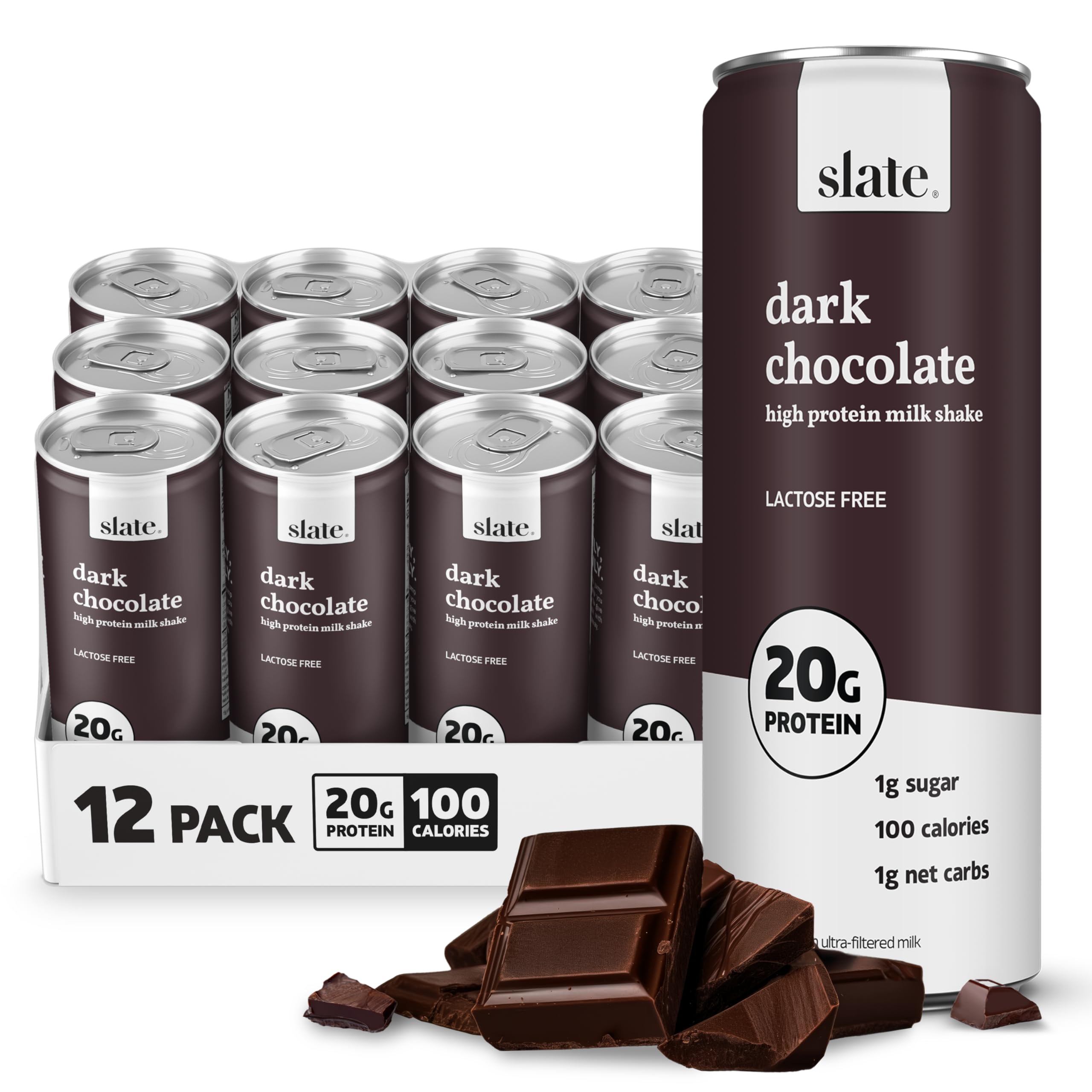 Slate Milk - High Protein Milkshake - French Vanilla - Lactose-Free, 20g Protein, 1g Sugar, 100 Calories, 1g Net Carbs, No Added Sugar - Natural, Breakfast Boost, Post Workout - 11 fl oz, 12 Cans