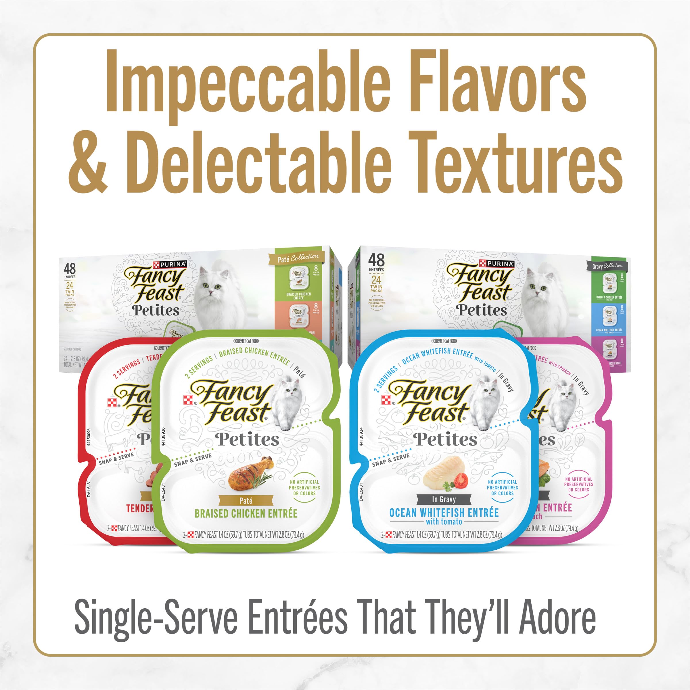 Purina Fancy Feast Gourmet Wet Cat Food Variety Pack, Petites Gravy Collection, break-apart tubs, 48 servings - (Pack of 24) 2.8 oz. Tubs