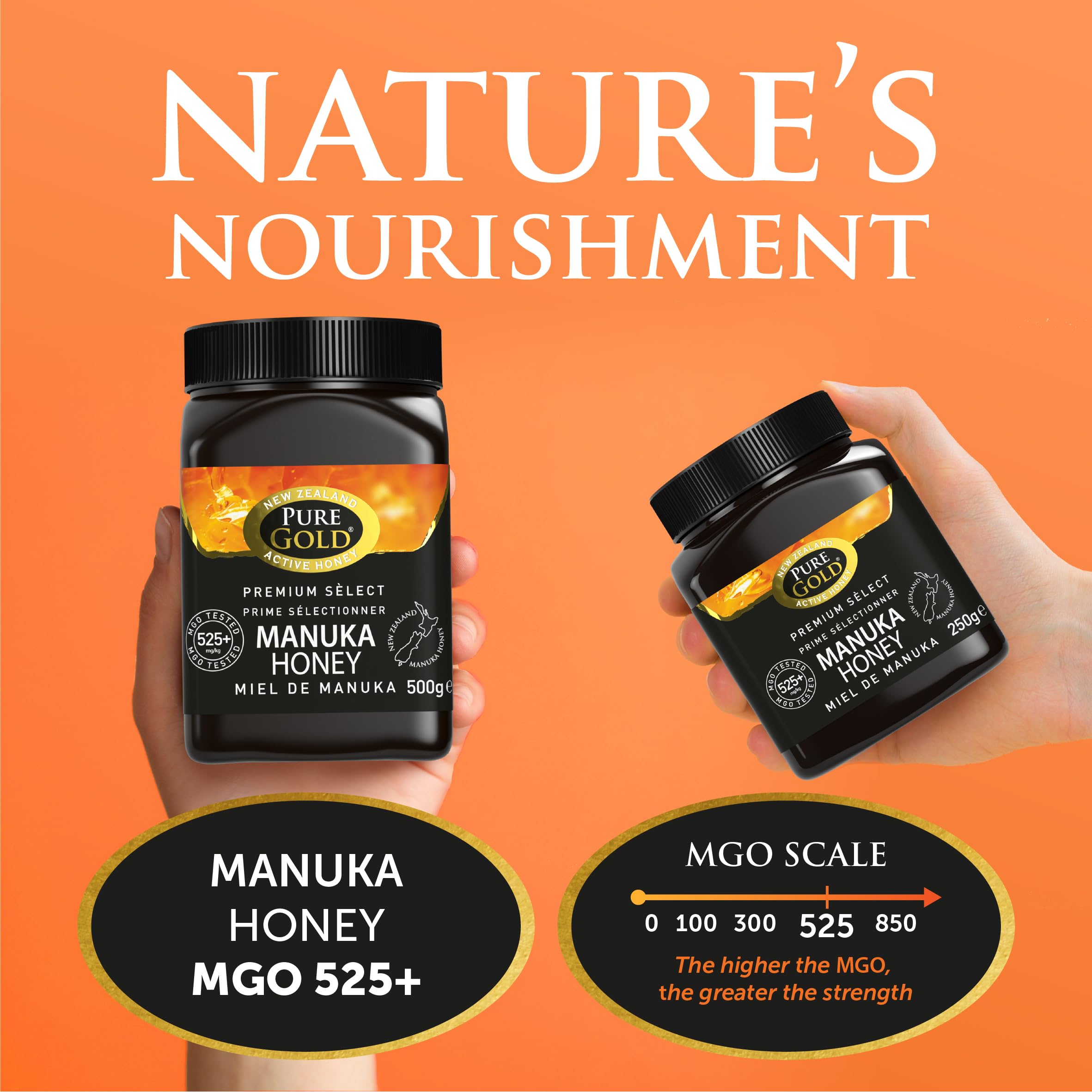 Pure Gold Manuka-Honig 525+ 500 g, Honig aus Neuseeland, im Kunststoffbehälter, MBO-zertifiziert und nach MPI-Standards