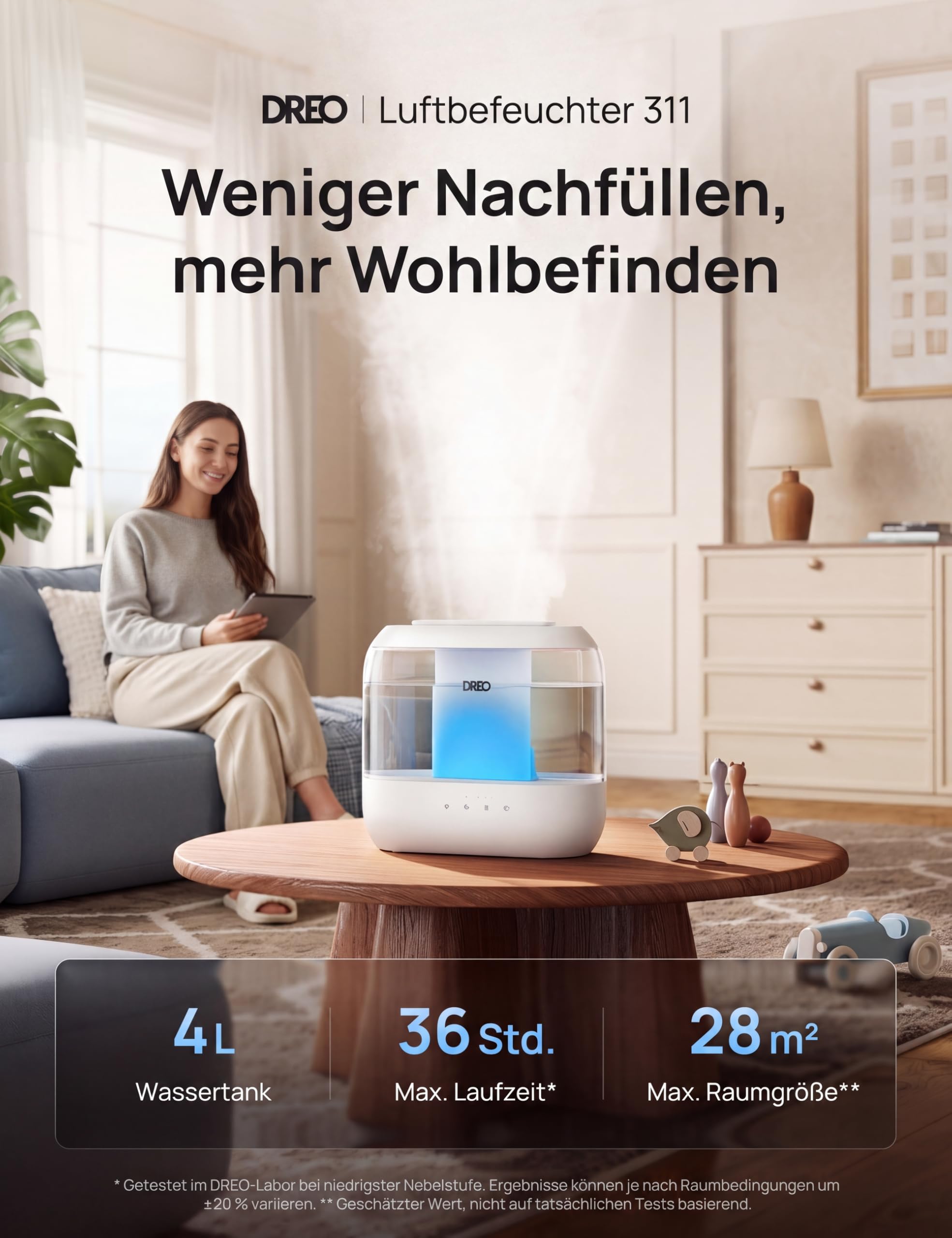 Dreo Smart Luftbefeuchter für Schlafzimmer, oben befüllbarer 4L Supergroßer Kühler Nebel Humidifier mit Öl Diffusor und Nachtlicht, 36 Stunden Laufzeit, leiser Ultraschall Luftbefeuchter Zuhause