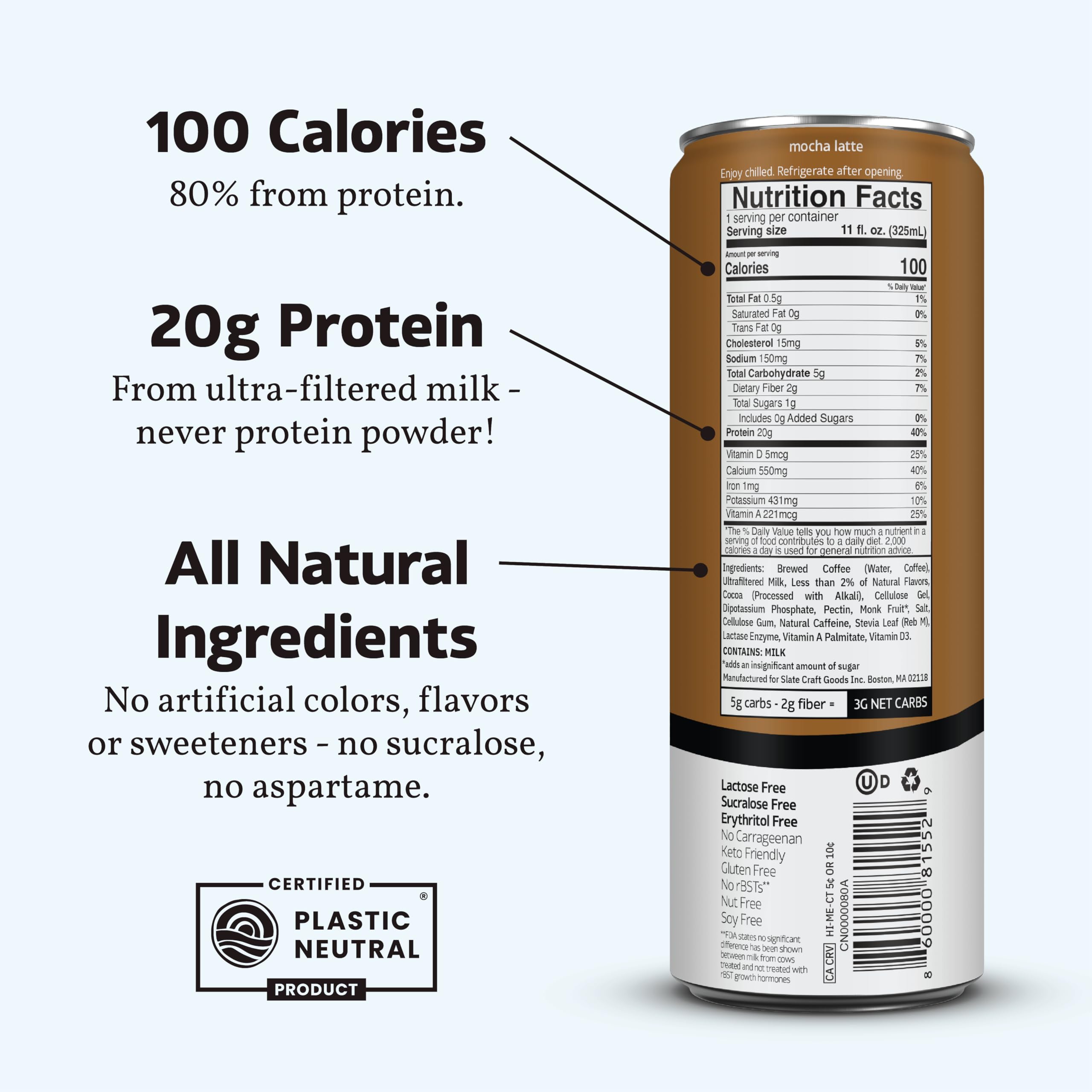 Slate Milk - High Protein Milkshake - French Vanilla - Lactose-Free, 20g Protein, 1g Sugar, 100 Calories, 1g Net Carbs, No Added Sugar - Natural, Breakfast Boost, Post Workout - 11 fl oz, 12 Cans