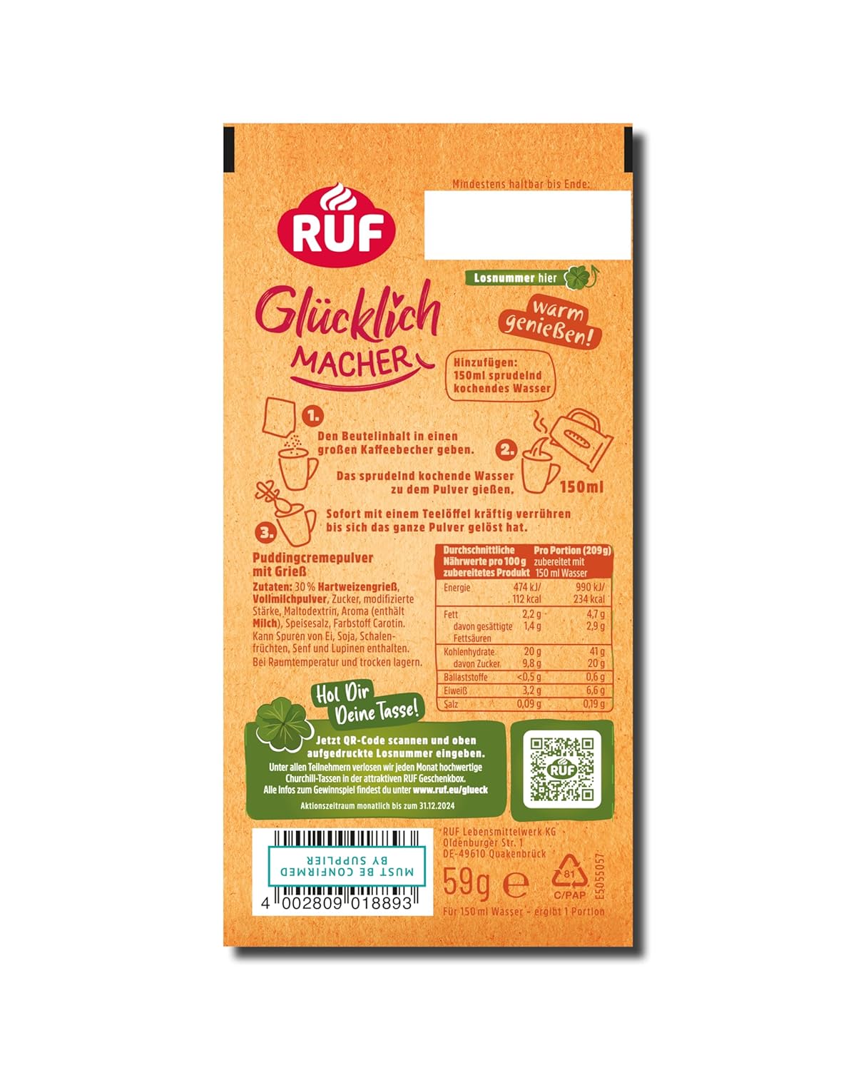 RUF Glücklichmacher Tassenpudding Schokolade, Cremepudding für schnelle Desserts, Tassencremepudding, nur Wasser hinzufügen, 1 x 59g Beutel