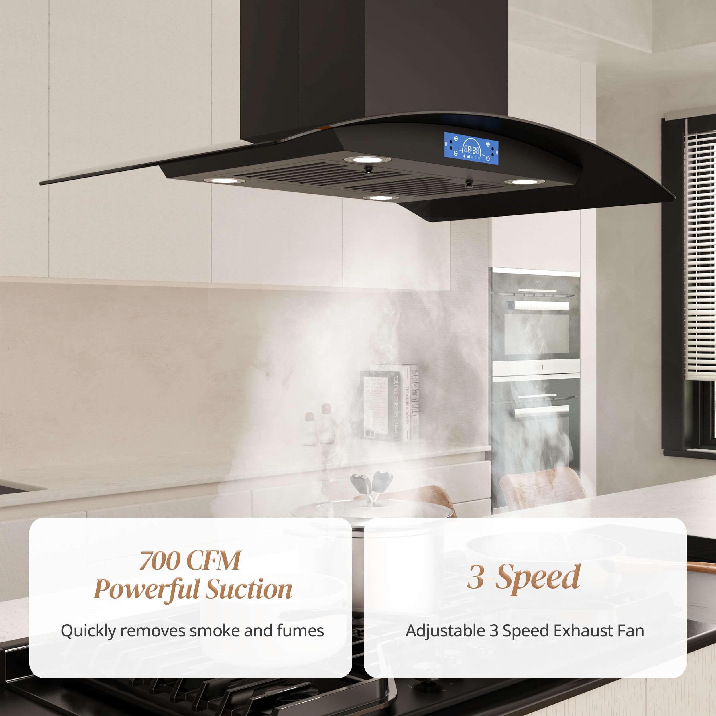 FIREGAS Island Range Hood 30 inch 700 CFM with Chimney, Ceiling Mount Kitchen Vent Hood with Tempered Glass, 4 LED Lights, Permanent Filters, Premium Touch Control Panel, Includes Charcoal Filter