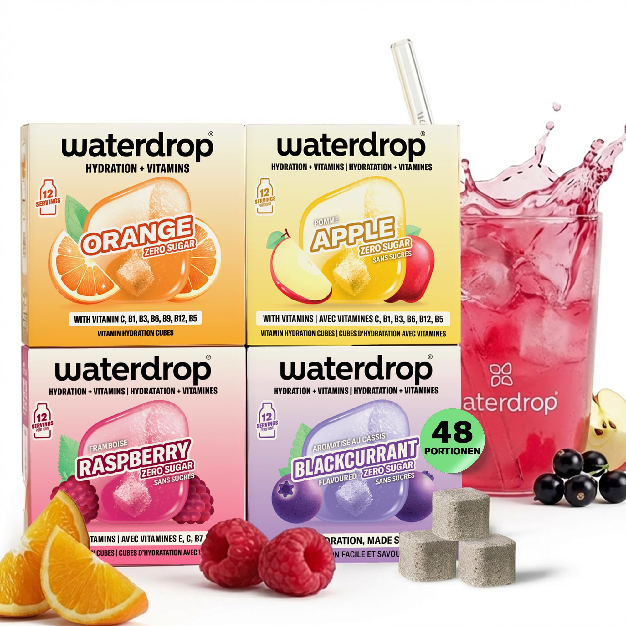 waterdrop® Beeren & Früchte Set – 48 Waterdrop Würfel in 4 verschiedenen Sorten – Zuckerfreier Durstlöscher & Alternative zu Getränkesirup und Geschmackspulver – Flavour Drops im Wasser auflösen