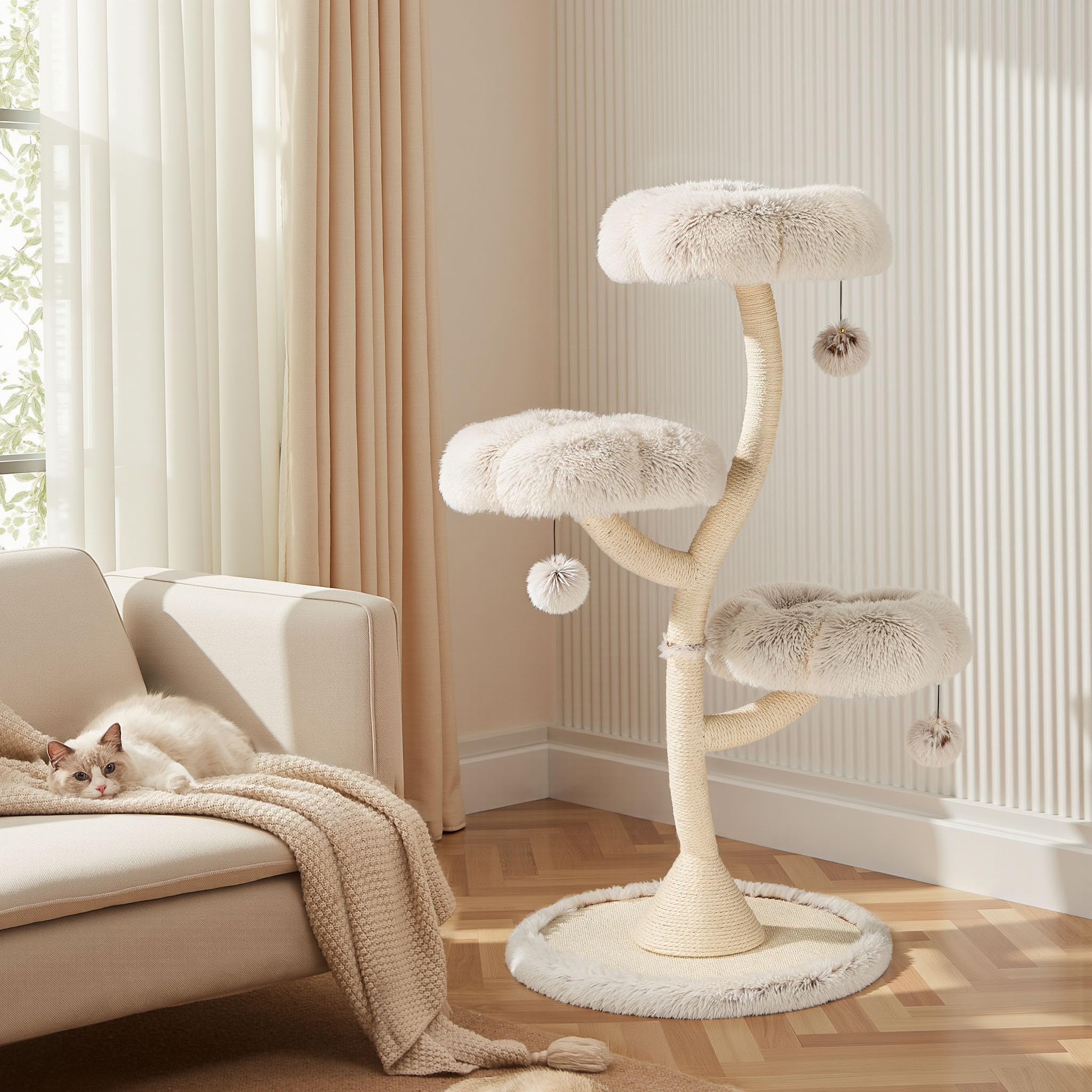 Fudajo Designer Kratzbaum mit Hängeliege, Katzenkratzbaum 59 x 59 x 169 cm, Katzenbaum bis max. 15 kg mit Sisal und Plüsch, Katzenmöbel mit 3 Etagen