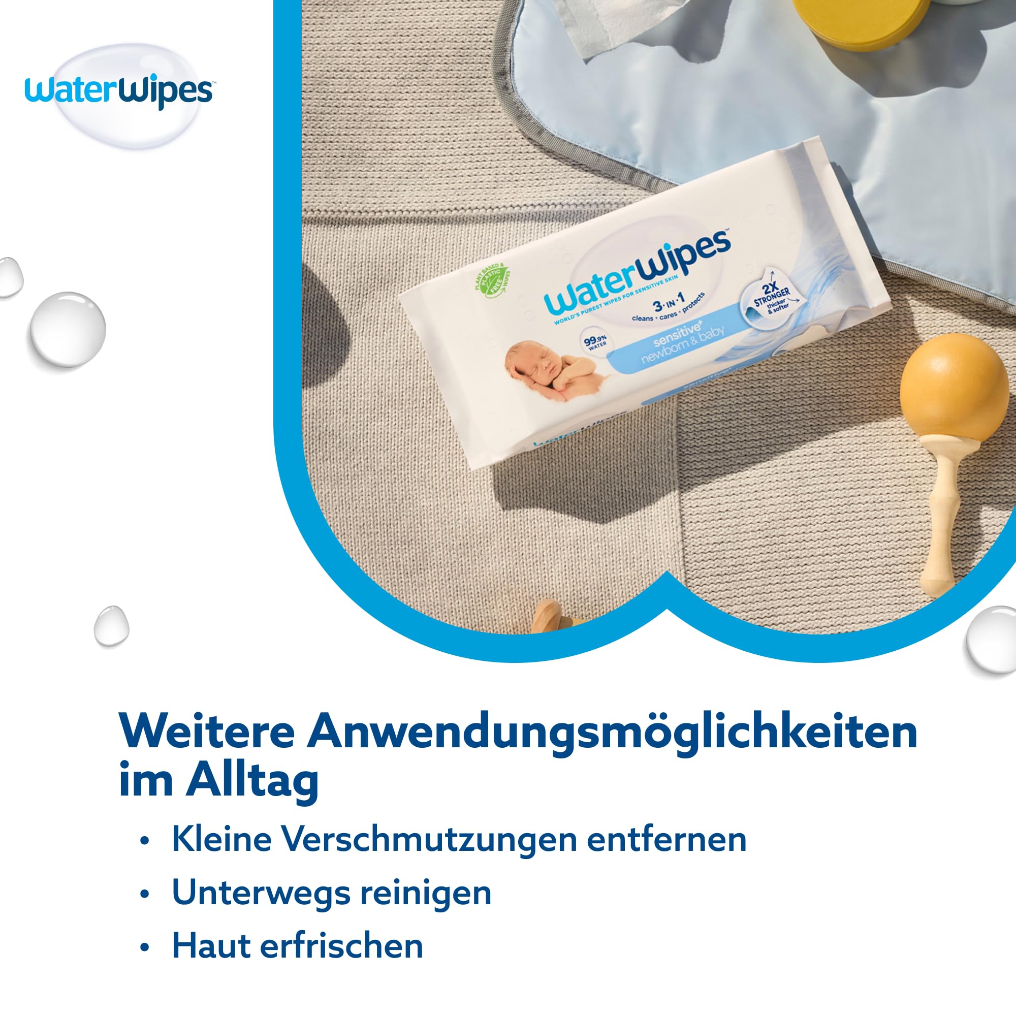 WaterWipes Sensitive+ Newborn & Baby Wipes, Feuchttücher für Neugeborene und Babys, 720 Stück (12 Packungen), 3-in-1-Reinigung, Pflege, Schutz, 99,9% Wasser, parfümfrei