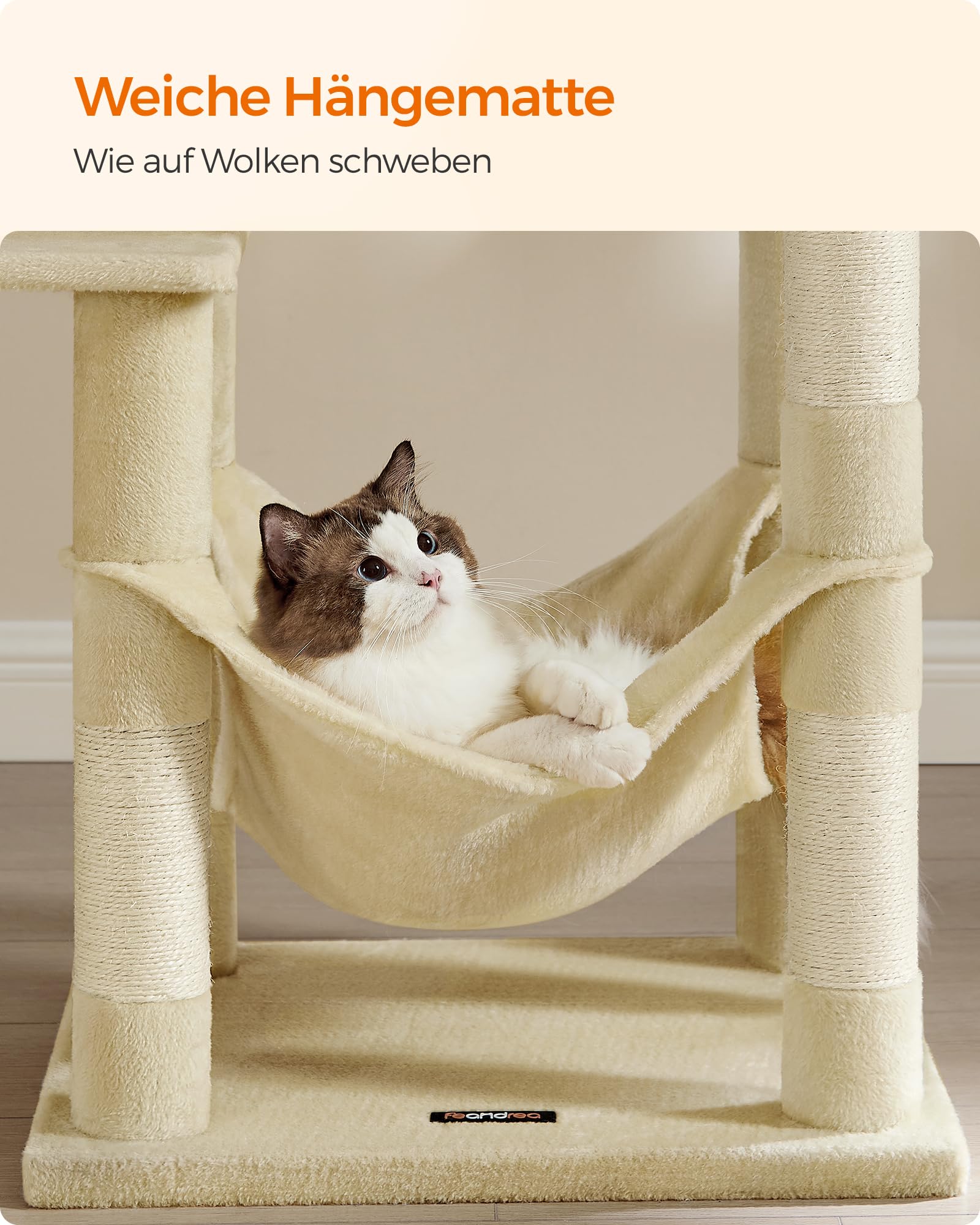 Feandrea Kratzbaum, 143 cm hoch, Katzenbaum, mehrstöckiges Katzenhaus, mit 4 Kratzsäulen, 2 Plattformen, Hängematte, Höhle, hellgrau PCT161W01