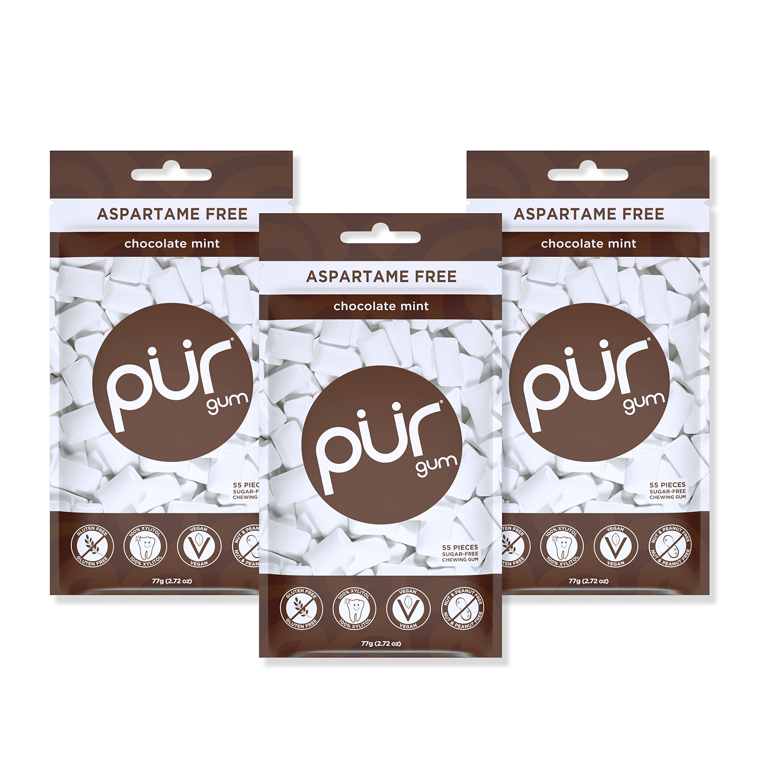 PUR Gum | Zuckerfreier Kaugummi | Mit Xylit | Vegan, Aspartamfrei & Glutenfrei | Natürlicher Kaugummi Mit Spearmint-Geschmack, 55 Stück (3er Pack)