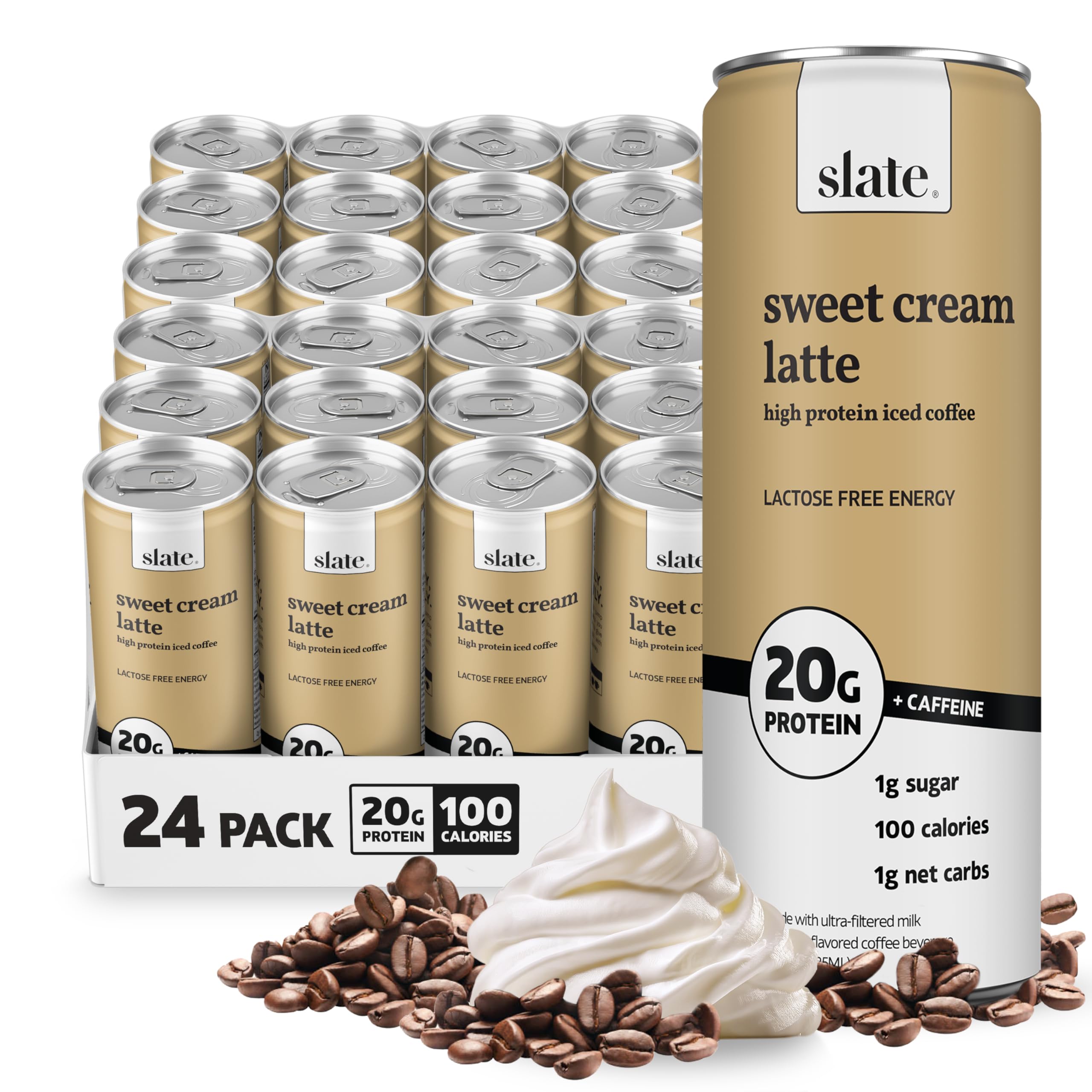 Slate Milk - High Protein Milkshake - French Vanilla - Lactose-Free, 20g Protein, 1g Sugar, 100 Calories, 1g Net Carbs, No Added Sugar - Natural, Breakfast Boost, Post Workout - 11 fl oz, 12 Cans
