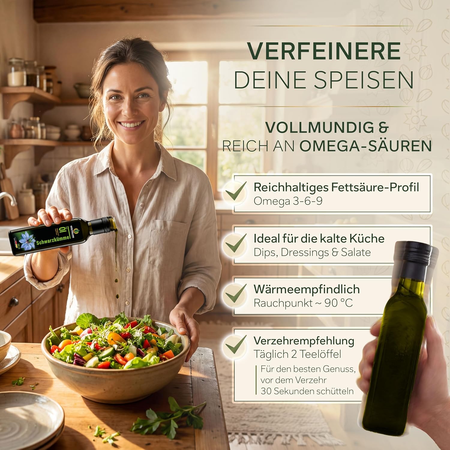 Kräuterland Schwarzkümmelöl 4X250ml (1000ml), ungefiltert, Omega 3-6-9, naturrein ohne Zusatzstoffe, hoher Thymoquinine, vegan, mild, kaltgepresst, mühlenfrisch aus unsrer hessischen Ölmühle