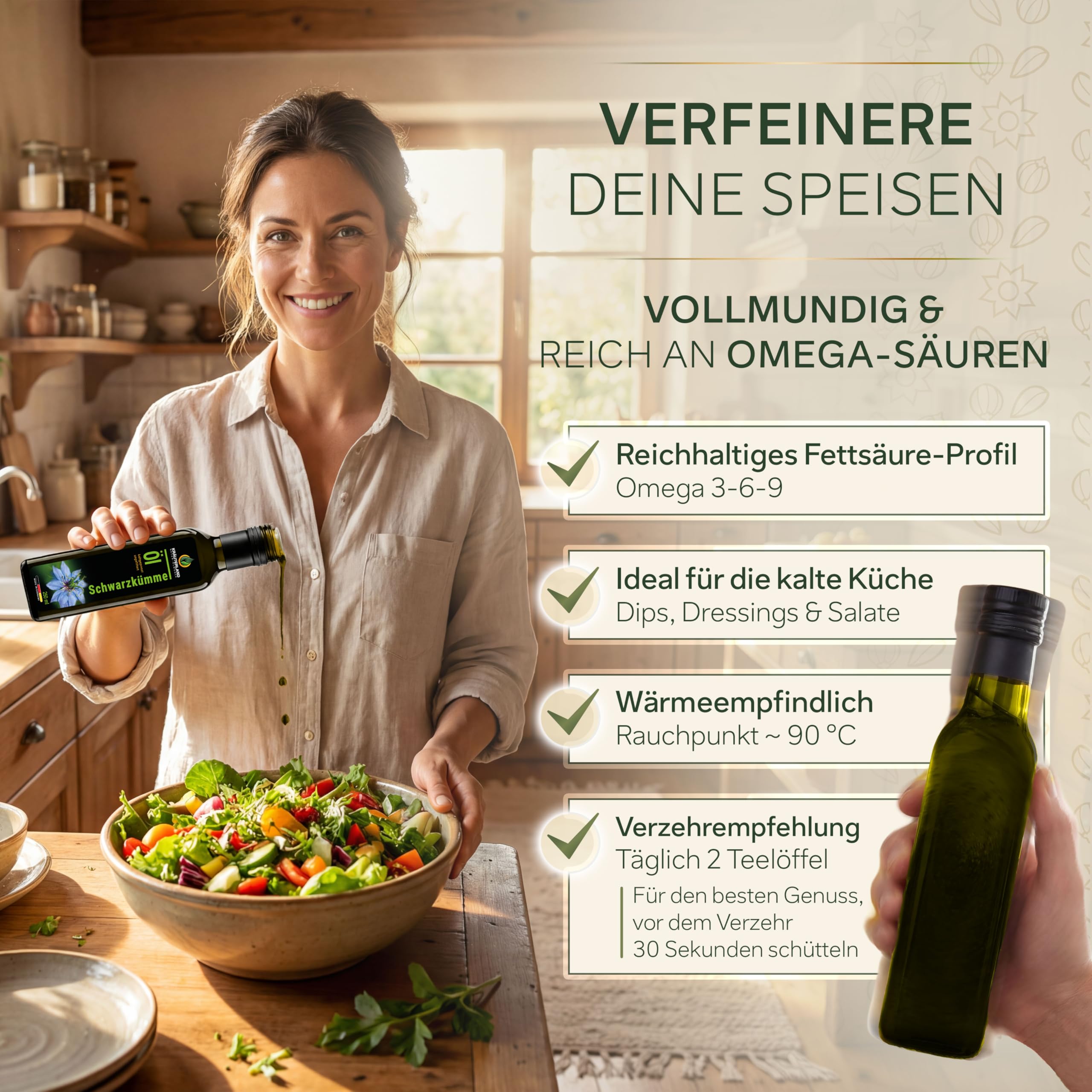 Kräuterland Schwarzkümmelöl 500ml, kaltgepresst & ungefiltert, hoher Thymochinon‑Anteil, ägyptische Samen, mühlenfrisch, 100 % Nigella sativa, naturrein ohne Zusatzstoffe, lichtgeschützten Glas