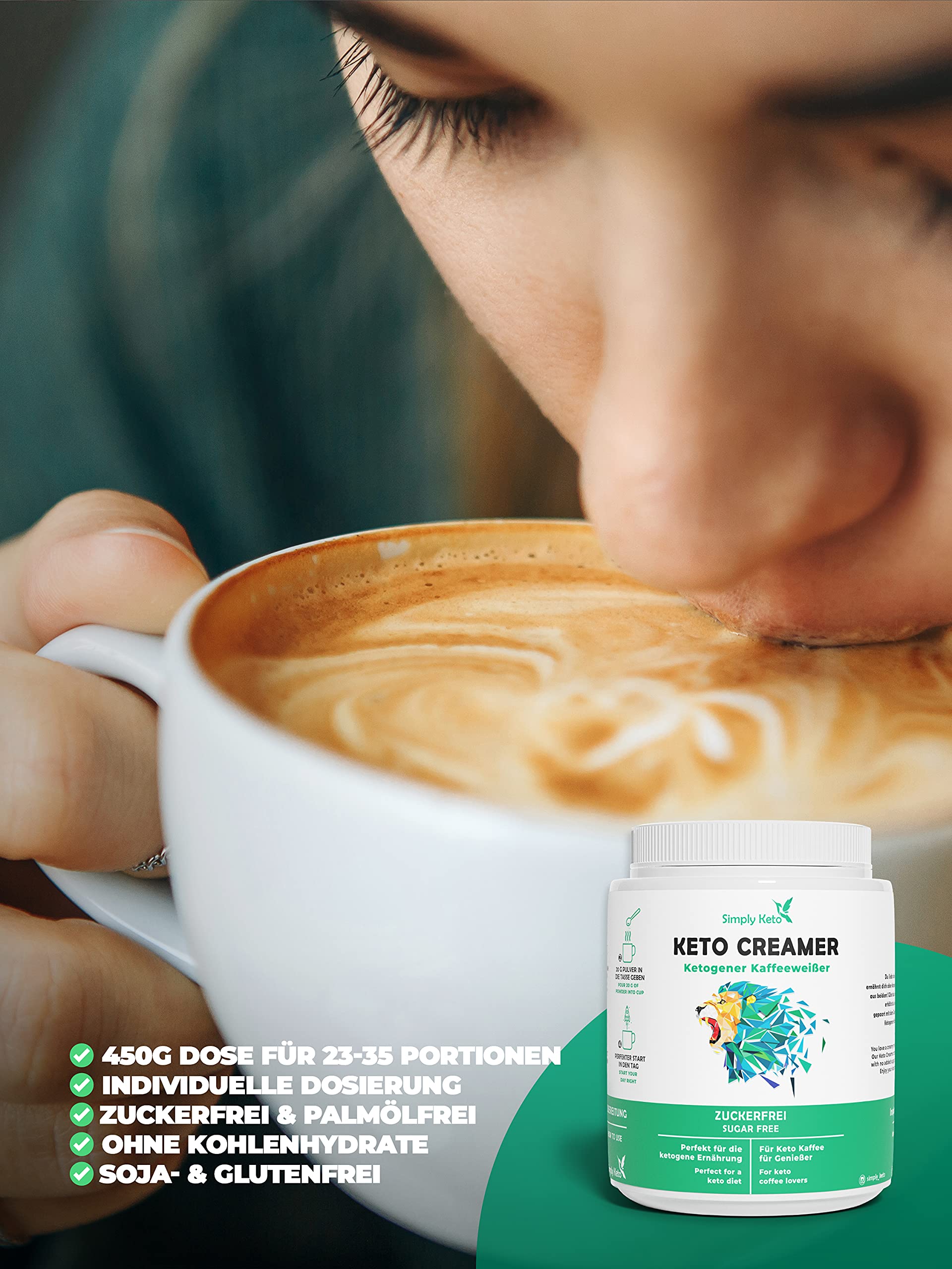 Simply Keto Keto Creamer Vorratsdose 450g - Ohne Zuckerzusatz ketogener Kaffeeweißer für leckeren Milchkaffee - Mit Kokosöl & Weidebutter - Ohne Zucker & Kohlenhydrate - Optimiert für Geschmack