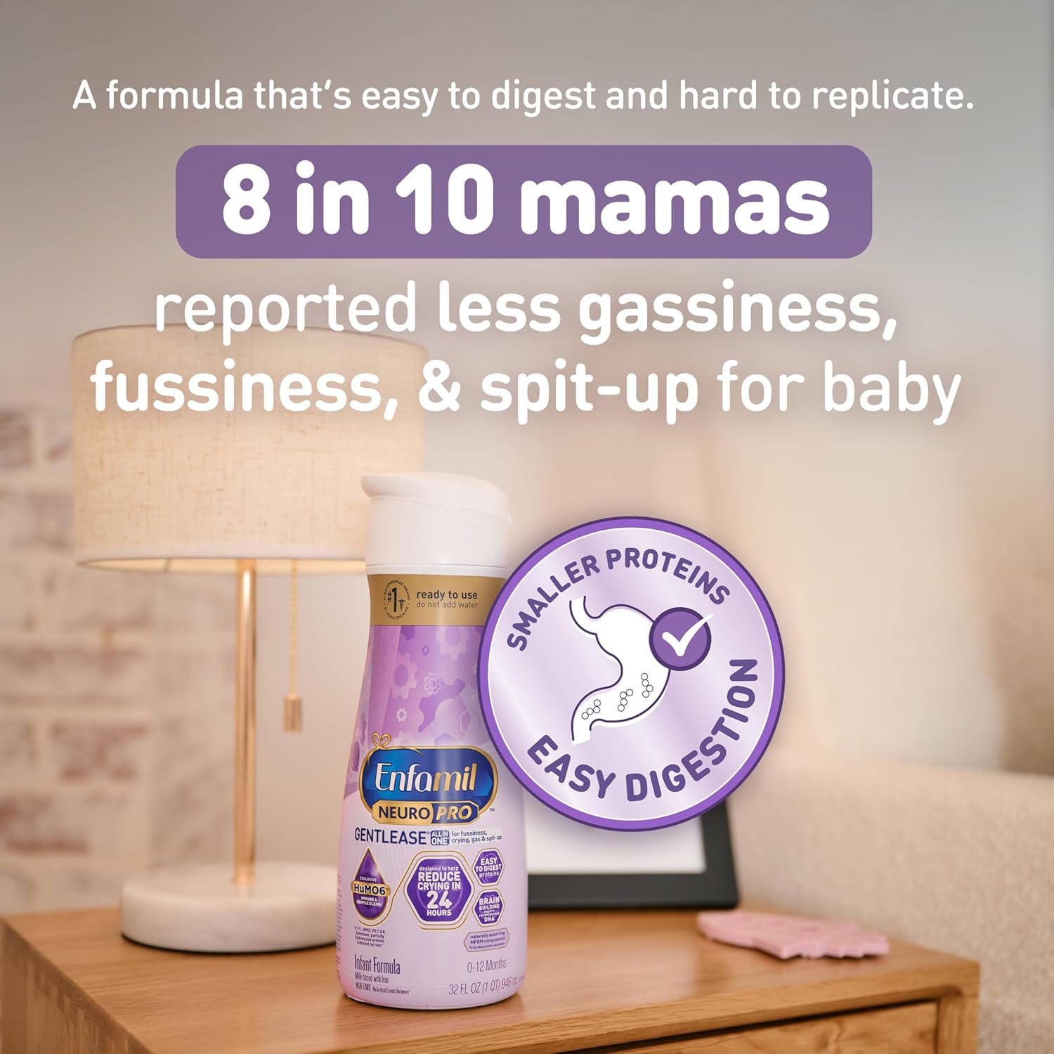 Enfamil NeuroPro Gentlease Ready-to-Feed with Smaller Proteins for Easy Digestion, Brain Supporting DHA, Prebiotic, HuMO6* Blend, Baby Formula for easing Fussiness, Crying, Gas, Spit-up in 24hrs, 32 Fl Oz,Liquid, Pack of 6
