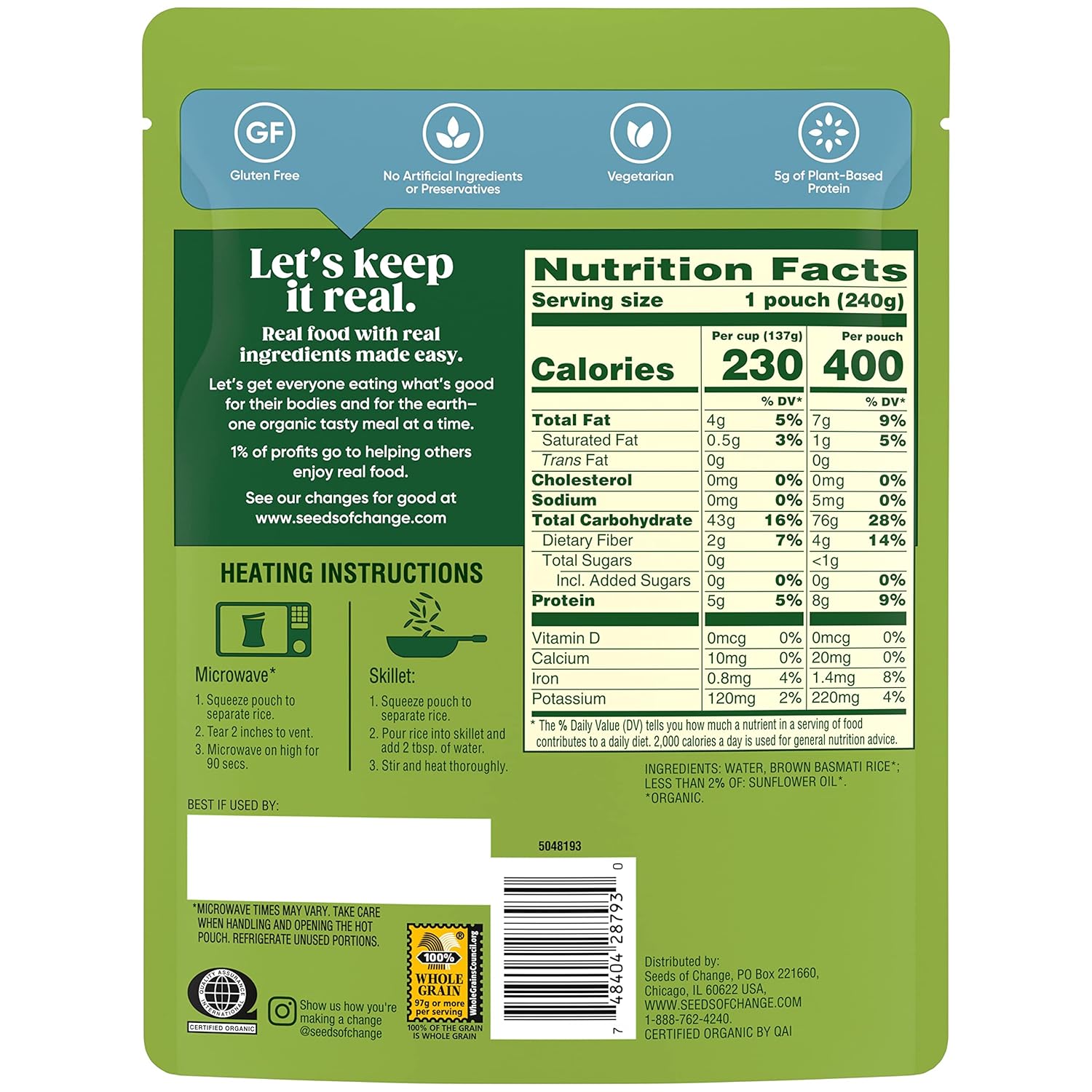 SEEDS OF CHANGE Certified Organic Brown Basmati Rice, Organic Food, 8.5 OZ Pouch (Pack of 6)