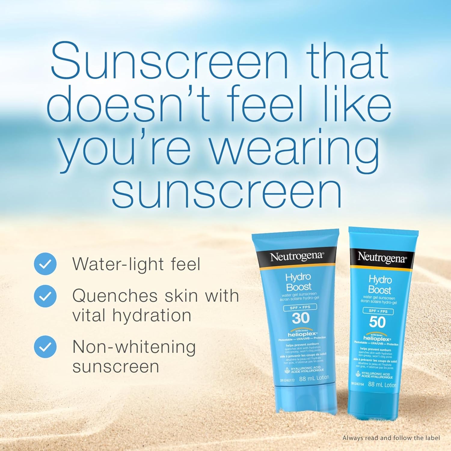 Neutrogena Hydro Boost Water Gel Lotion Sunscreen SPF 50 – 88ml | Broad Spectrum UVA/UVB Protection, Water & Sweat Resistant (80 min), Hydrating & Non-Greasy, Won’t Clog Pores