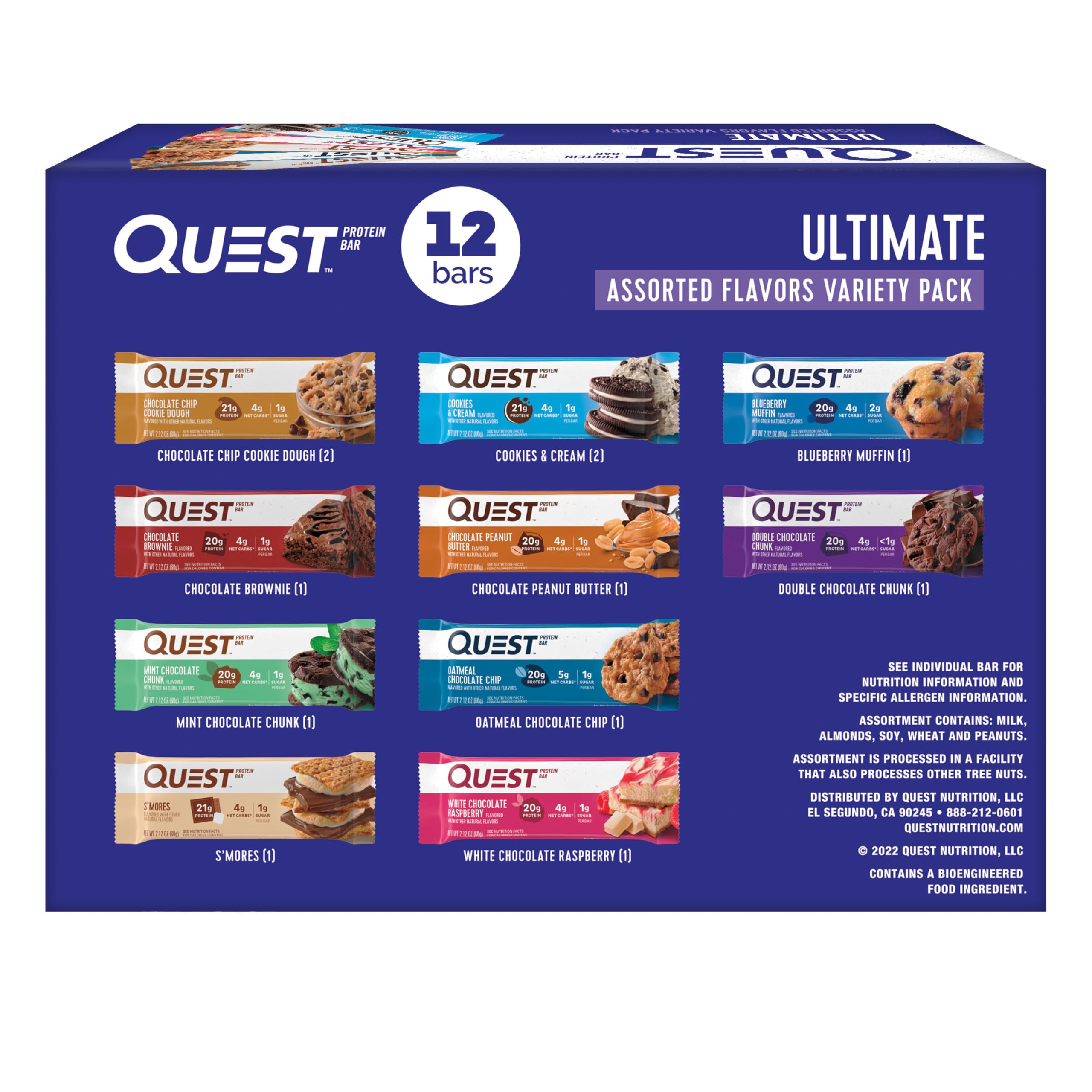Quest Nutrition Chocolate Chip Dough Cookie Protein Bars, 21g Protein, 1g Sugar, 4g Net Carbs, High Fiber, Gluten Free, Keto-Friendly, 12 Count