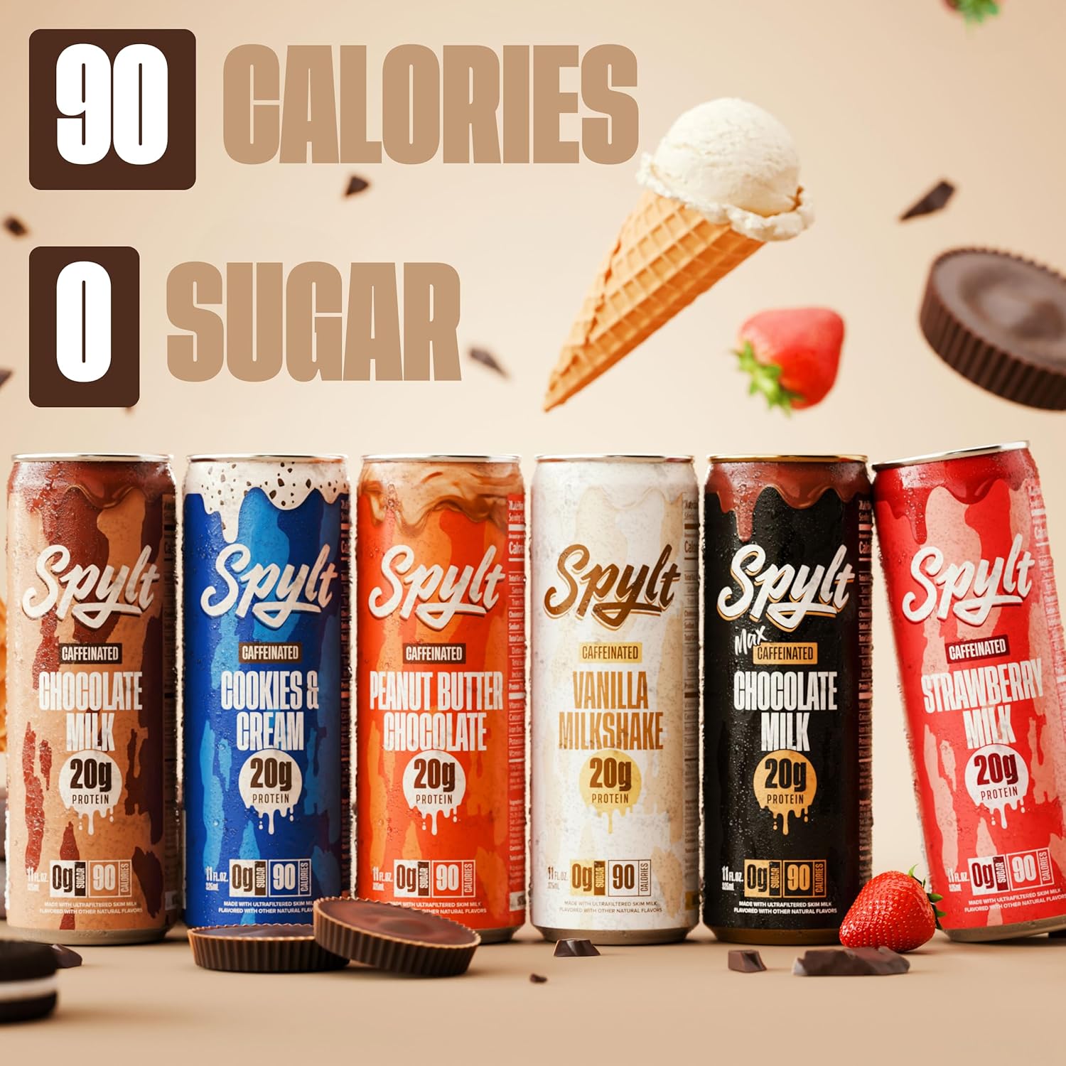 Spylt High Protein Vanilla Milkshake with 60mg Caffeine & 20g Protein - 90 Calories, Ready to Drink, Sugar Free, Lactose Free Milk, Perfect for Workout Recovery & Afternoon Pick Me Up - 12 Count