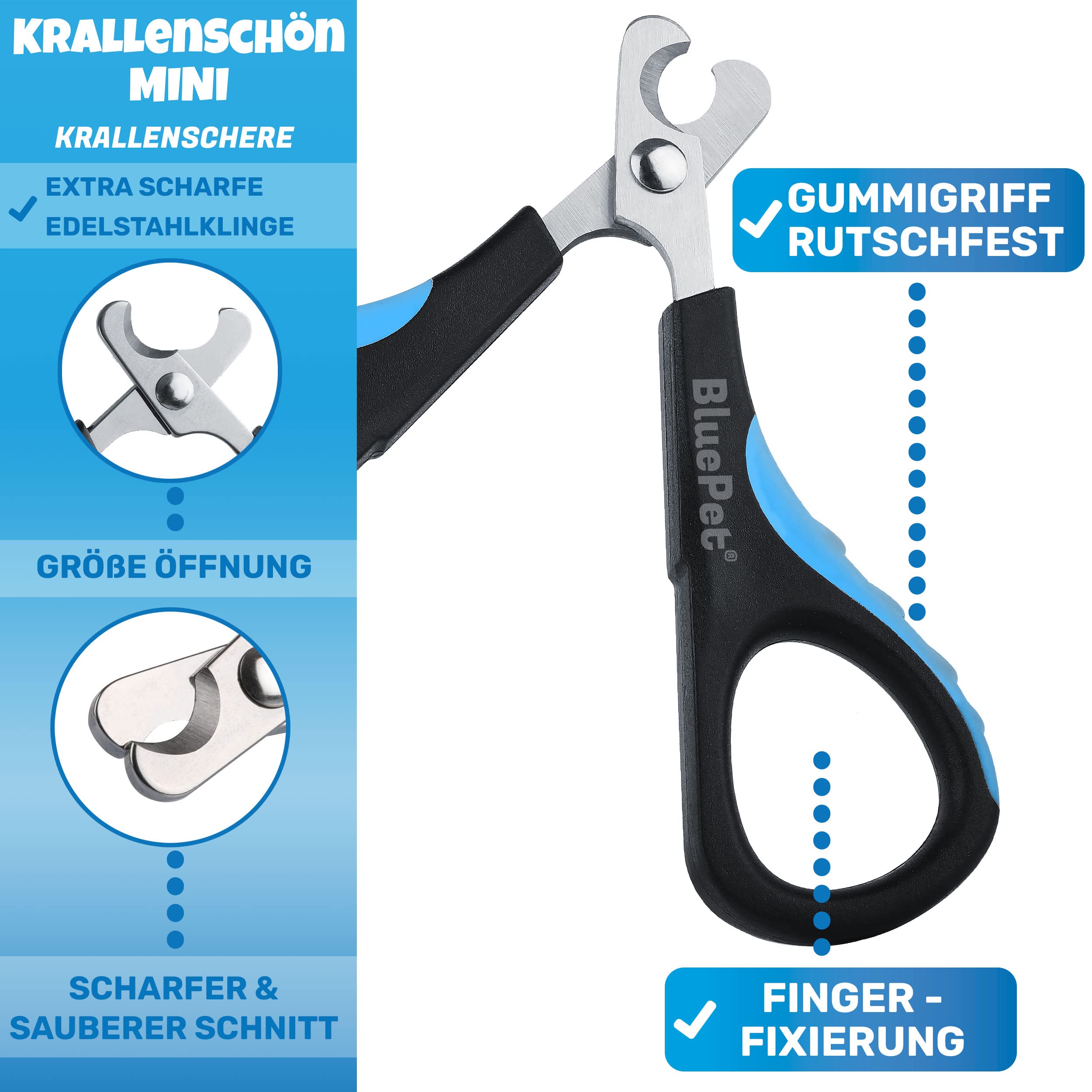 BluePet Krallenschere mit Schutz für Hunde & Katzen I Einsteigerfreundlich I Krallenzange für kleine & große Krallen + Krallenfeile im Griff - Alternative zu Nagelschere & Krallenschleifer