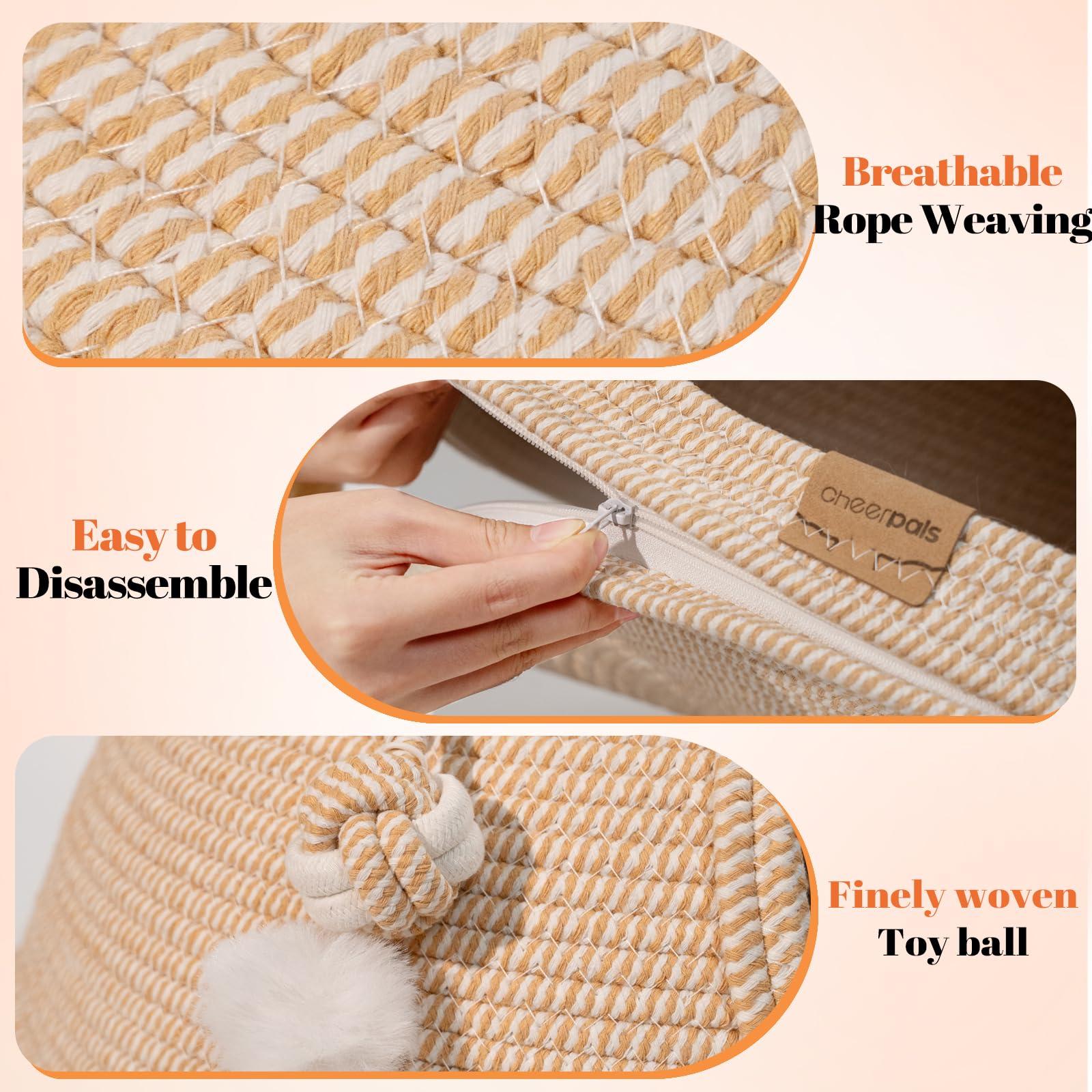 CheerPals Katzenbett mit Kissen, 47cm Waschbar Katzenkorb aus Baumwollseilen geflochten, zum Schlafen für Alle Katze, All Season Universal