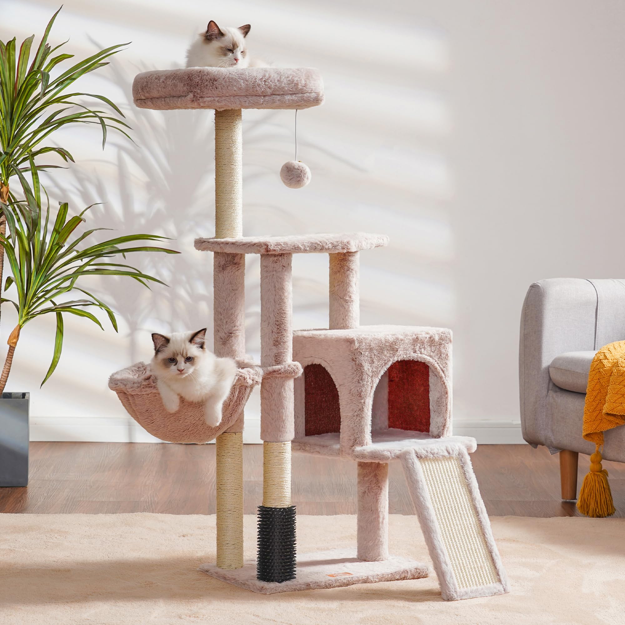 Heybly Kratzbaum mit Katzenbürste, Katzenbaum für Hauskatzen mit Gepolsterter Sitzstange aus Plüsch, Katzenkratzbaum mit Korb, Kratzbrett und Kratzbaum, Hellgrau HCT005SW