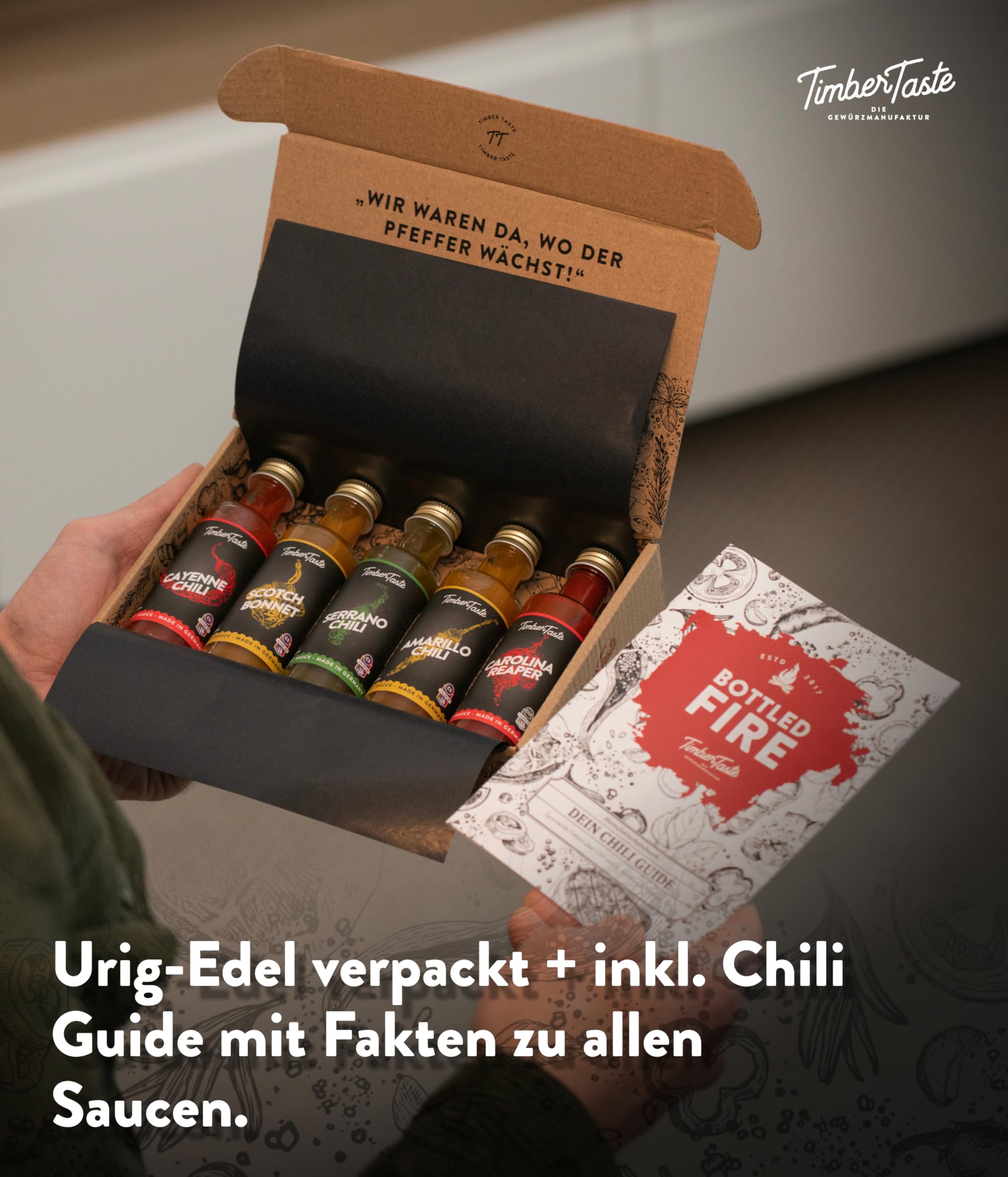 TIMBER TASTE® Chili Geschenkset scharfe Soßen Set - 5 Hot Sauce Set je 40ml in Geschenkverpackung für Liebhaber & Genießer scharfer Saucen | Ostergeschenk Mann | kleine Ostergeschenke Männer