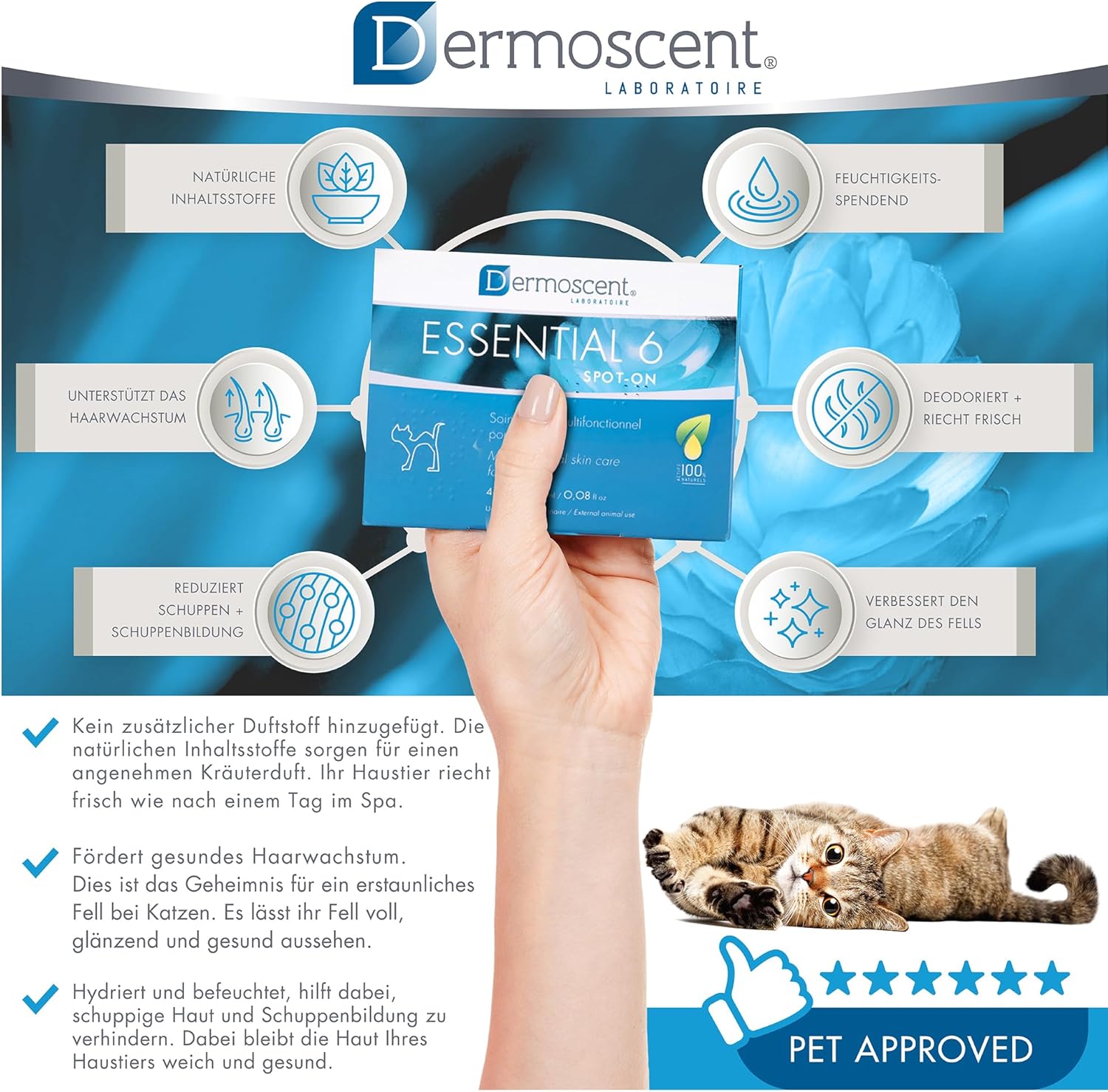 Essential 6 Spot-On | Innovatives Hautpflegeprodukt für Katzen | Hält die Haut feucht, das Fell glänzend, kontrolliert den Haarausfall, reduziert Gerüche und schützt mit natürlichen Inhaltsstoffen