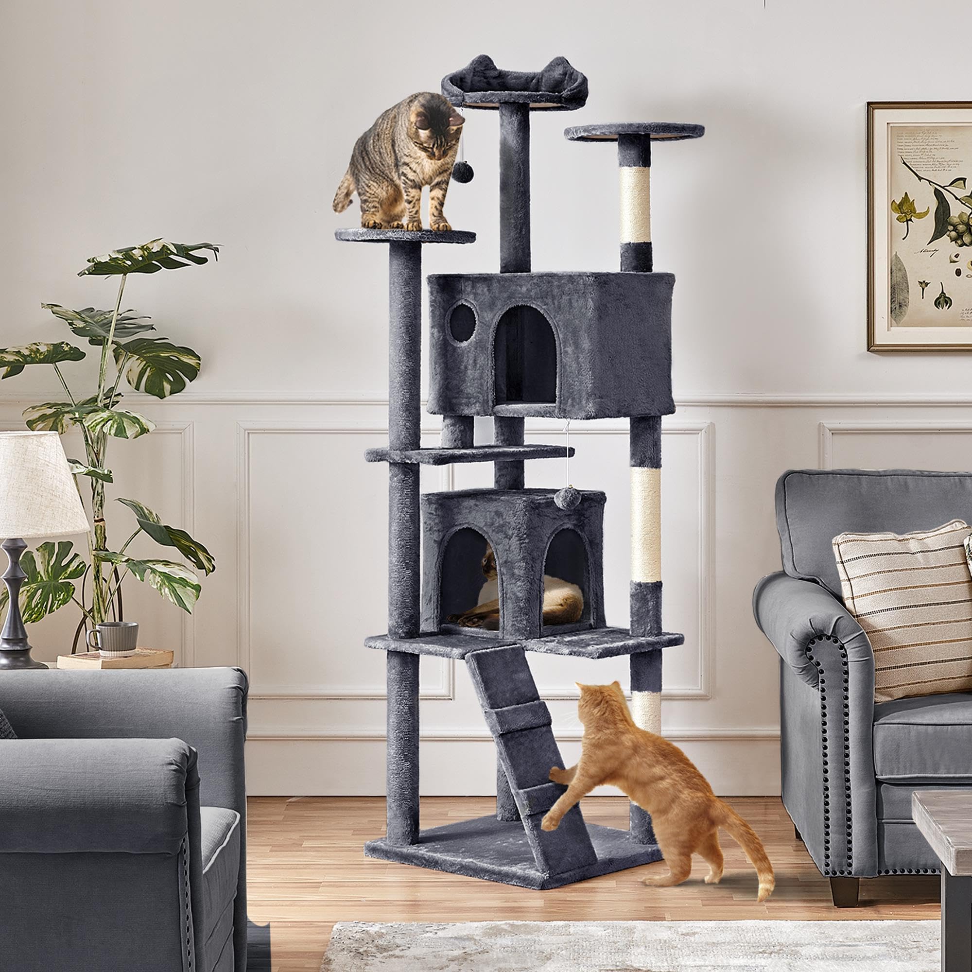 Yaheetech Kratzbaum Groß, 139 cm hoch, Mehrstöckiger Katzenbaum Kletterturm mit 3 Kratzsäulen, 3 Plattformen, 2 Gemütlichen Höhlen, 2 Plüschbällen, Stabiler Aktivitätsbereich für Katzen, Dunkelgrau