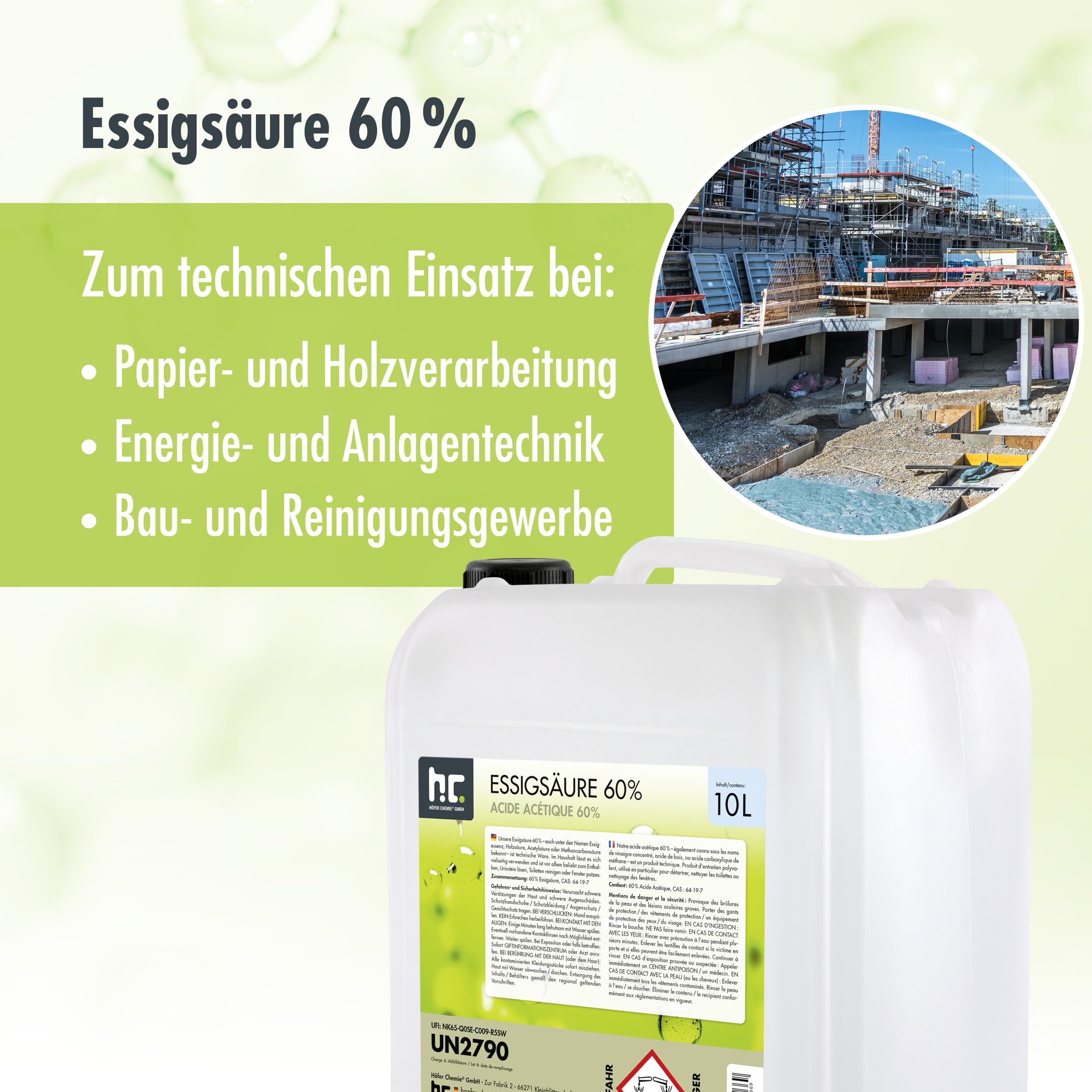 Höfer Chemie 2 x 10 L Essigsäure 60% - optimaler Reiniger und Entkalker - Premium Qualität Made in Germany - frisch abgefüllt im handlichen Kanister