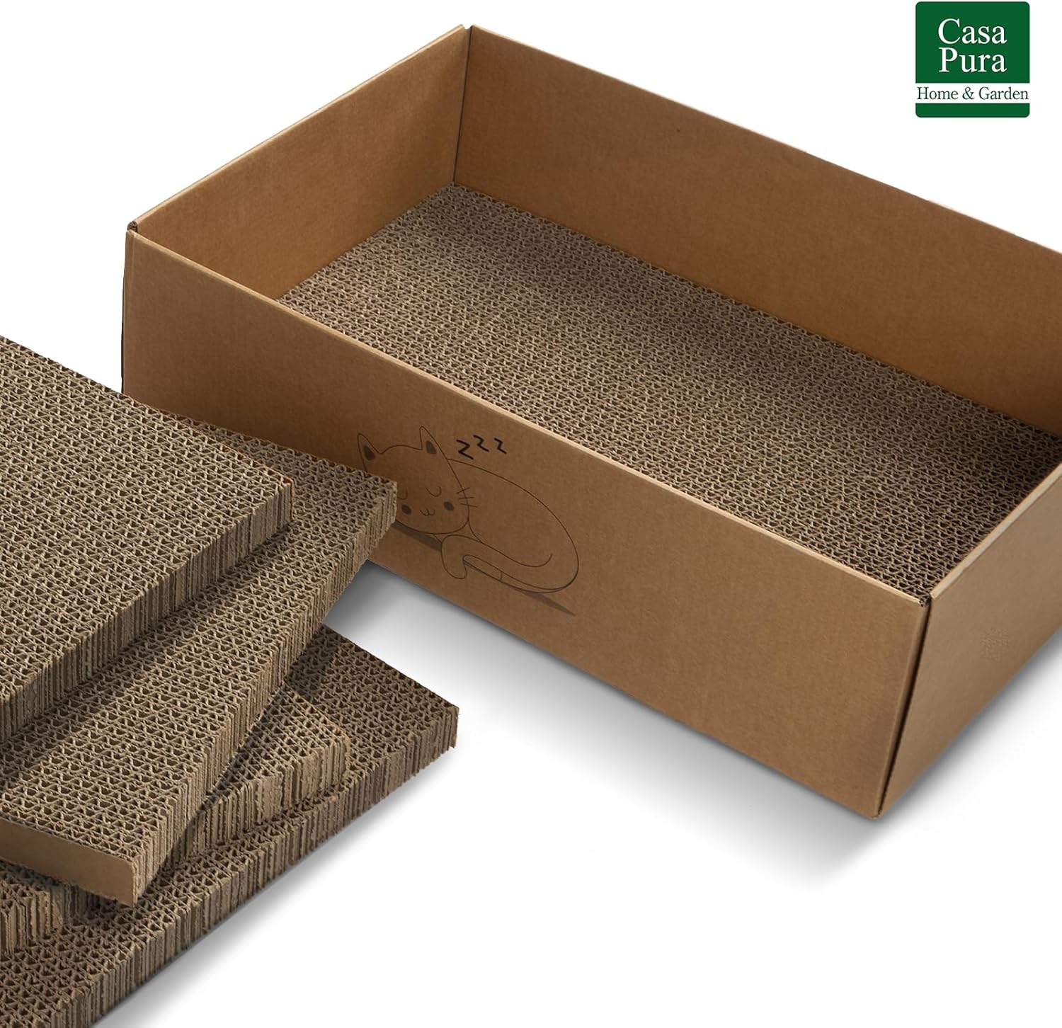 casa pura Katzenkratzbox Tiger mit 5 Kratzbrettern - 43,5 x 29,5 x 14 cm - Doppelseitige Kratzpappe für Katzen - Kratzbrett Katze zur Krallenpflege