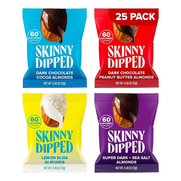SkinnyDipped Snack Attack Minis Almond Variety Pack, Healthy Snack, Plant Protein, Gluten Free, 0.46 oz Mini Bags, Pack of 25
