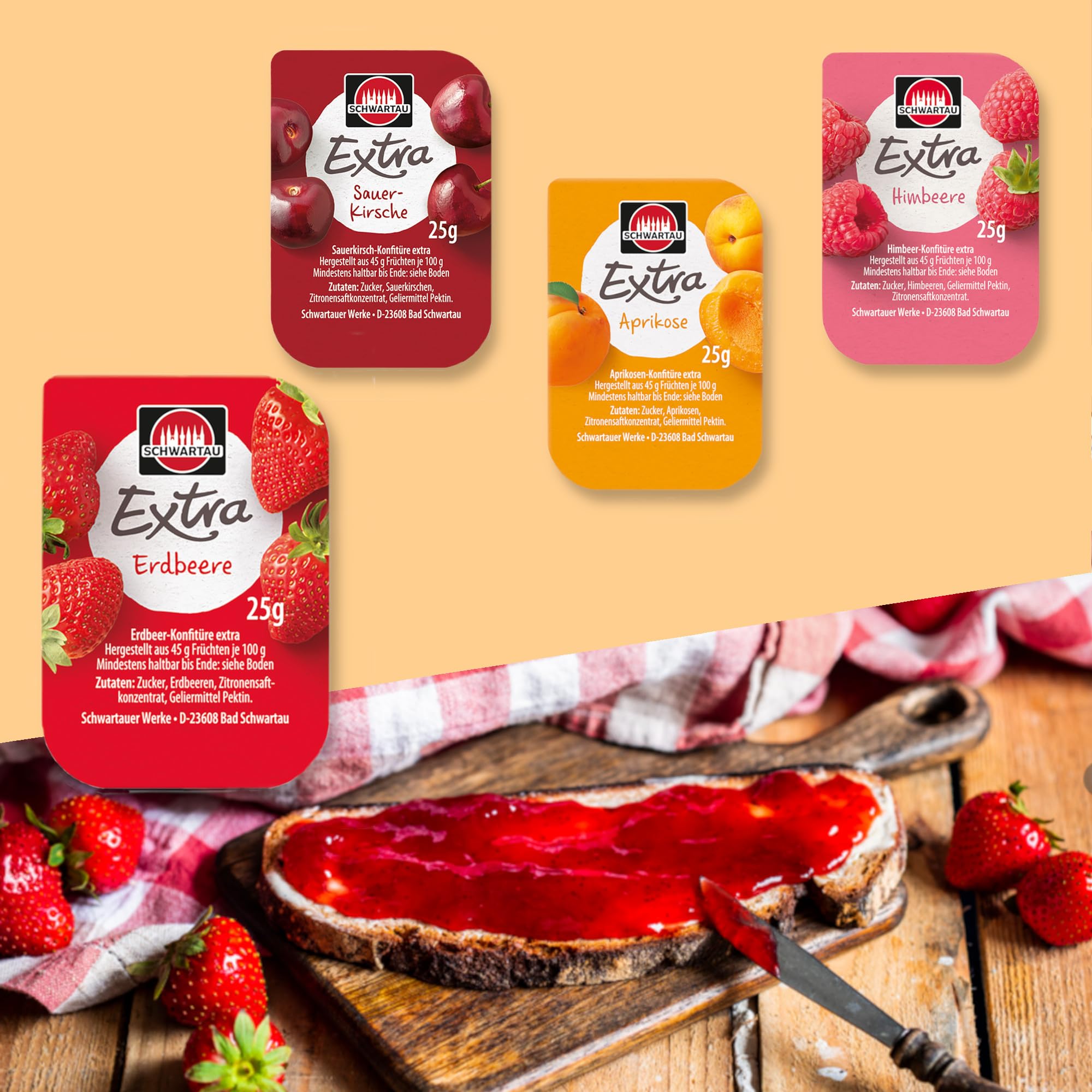 Schwartau Samt Portionen Mix-Box, Konfitüre Portionsschalen (50 x Erdbeere, 25 x Aprikose, 25 x zweierlei Kirsch), Großpackung, 100 x 25g